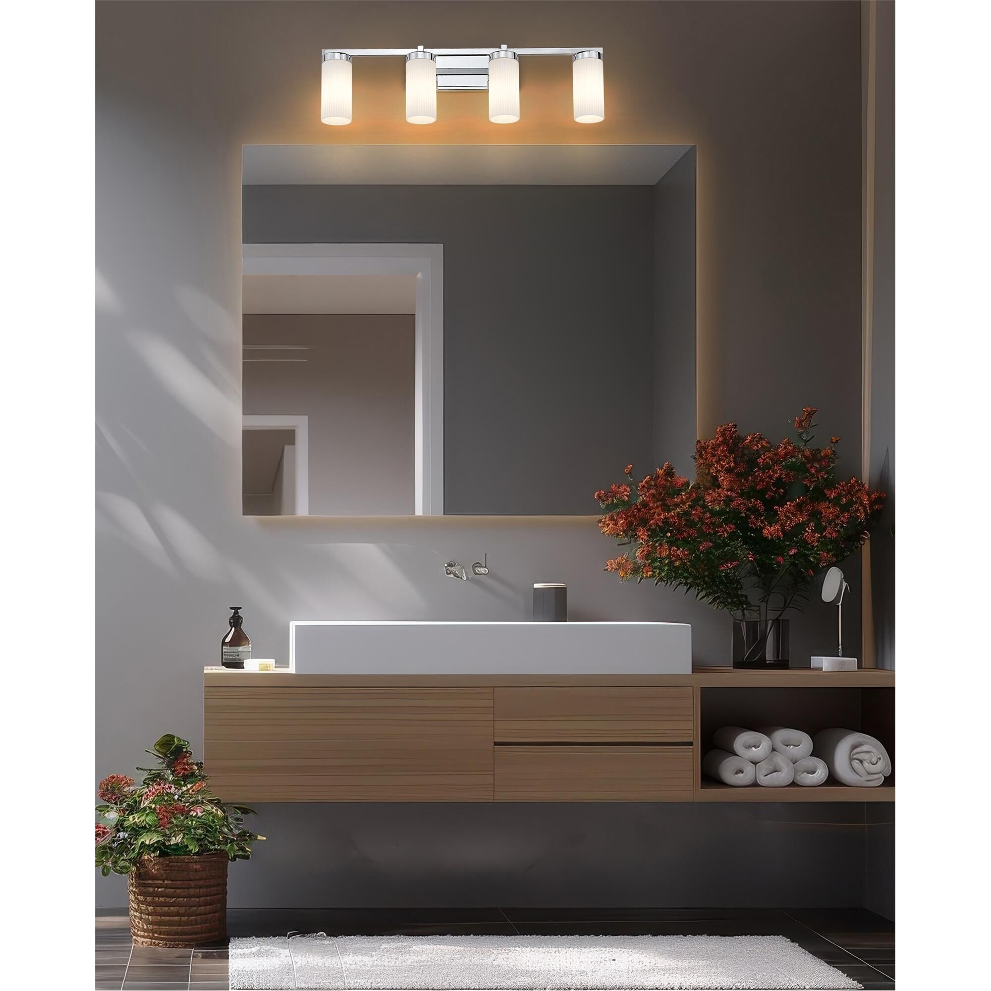 Shown in Chrome finish and White glass and White shade