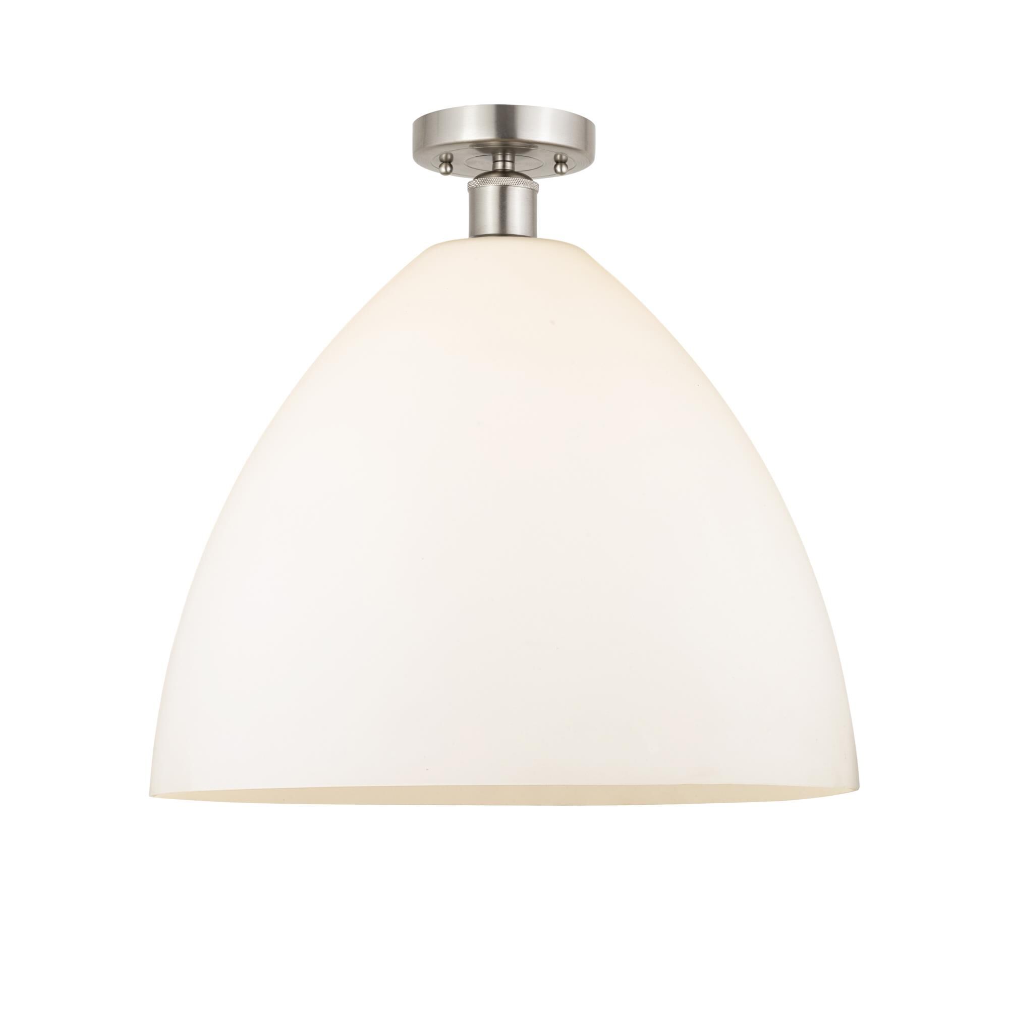 Shown in Brushed Satin Nickel finish and Matte White glass