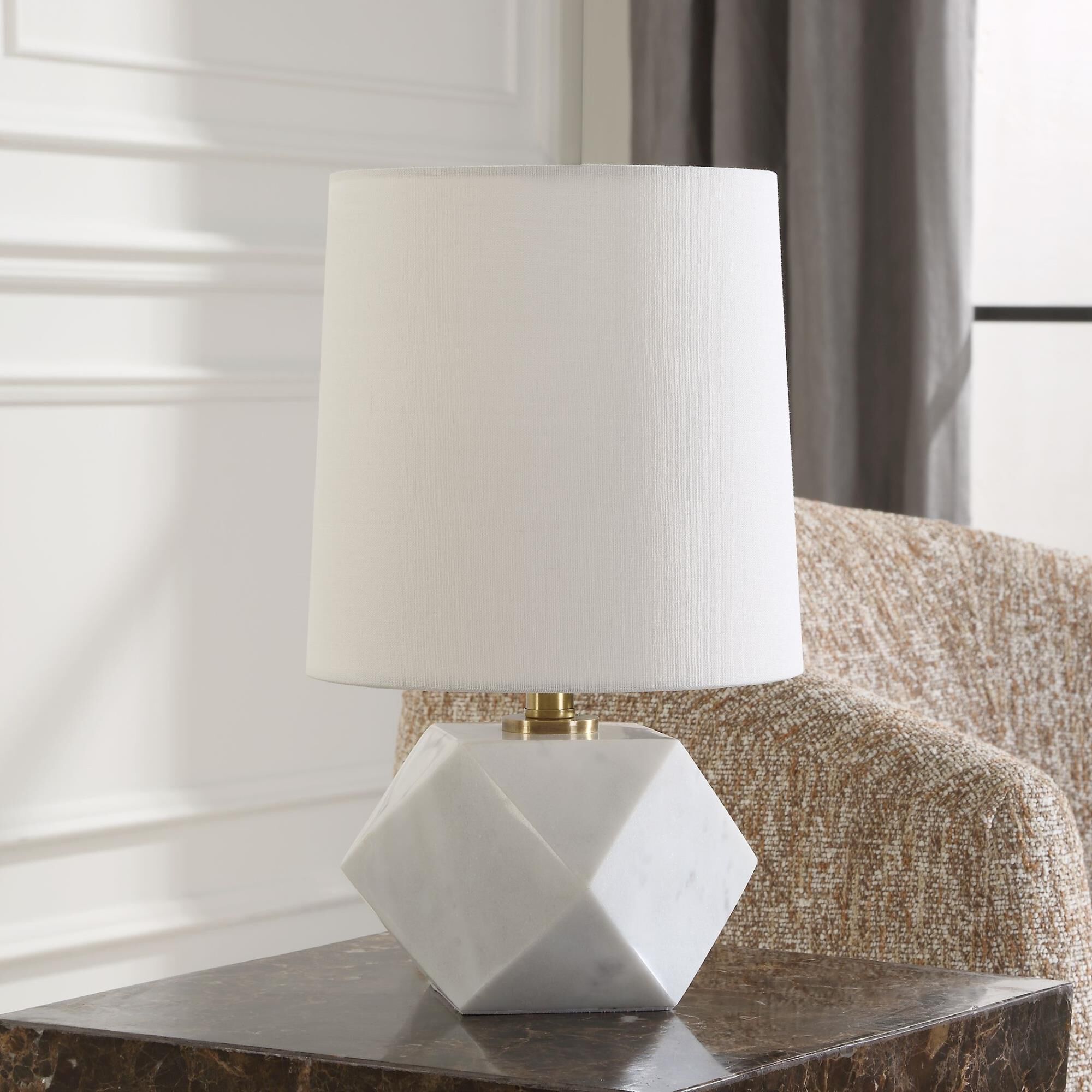 Shown in Featuring A Faceted Design, A Cut Above Table Lamp Is Crafted From White Marble With Subtle Veining  finish and Round Hardback shade