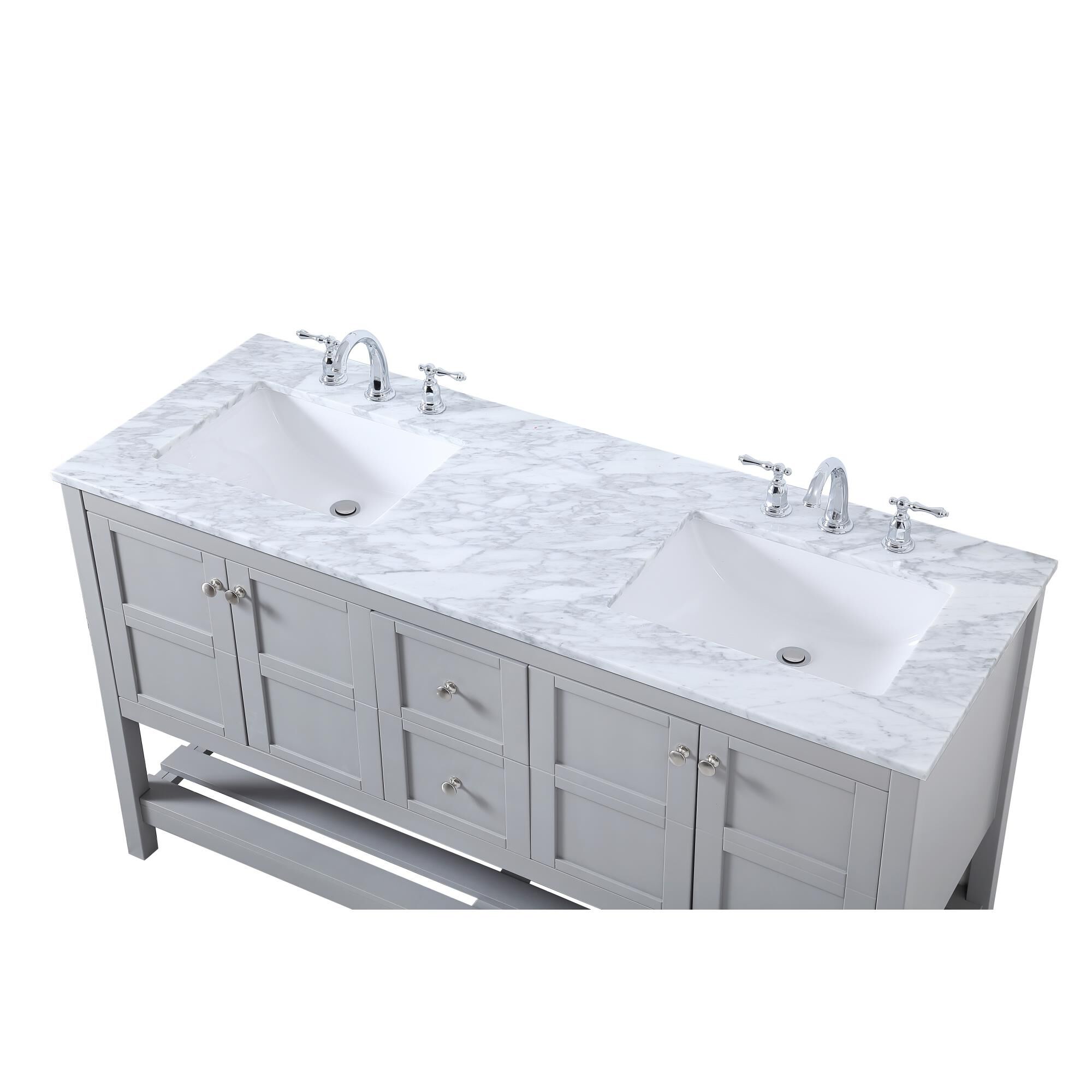 Shown in Gray And Brushed Nickel With Carrara White Marble finish