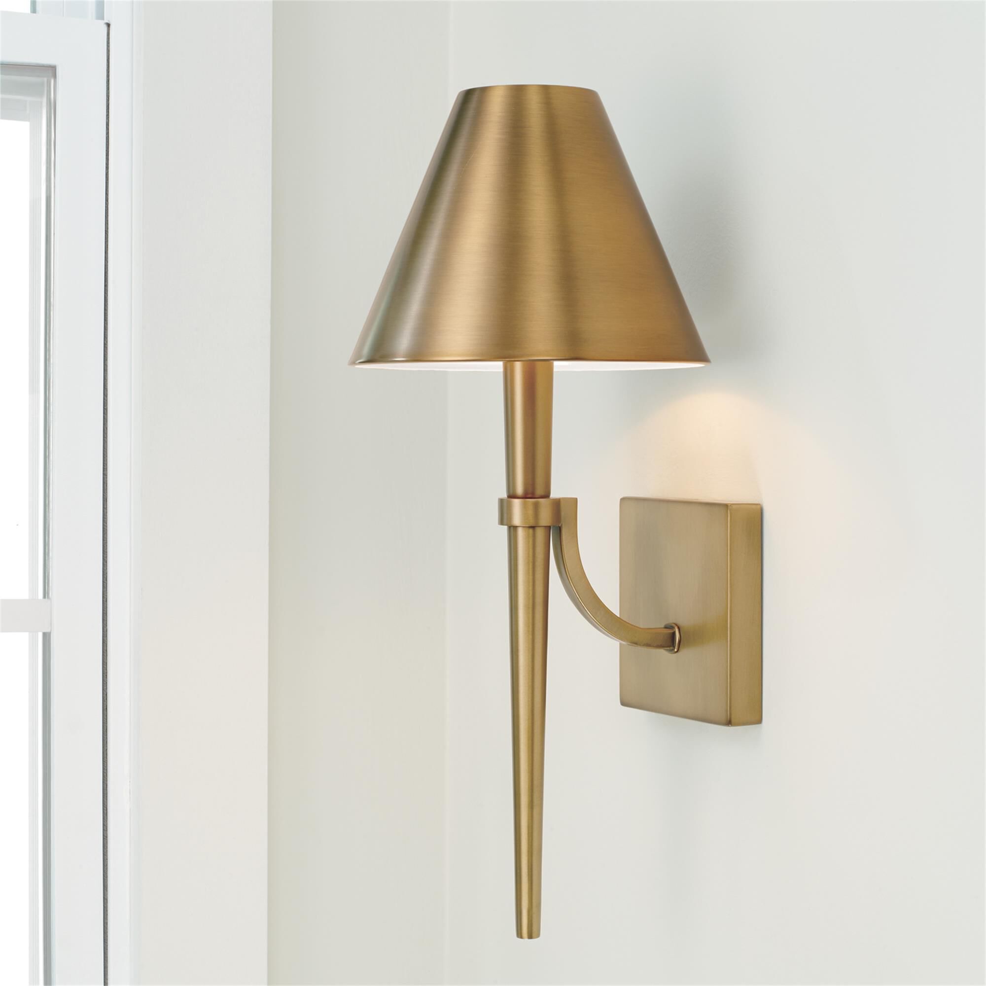 Shown in Aged Brass finish and Metal  With White Interior shade