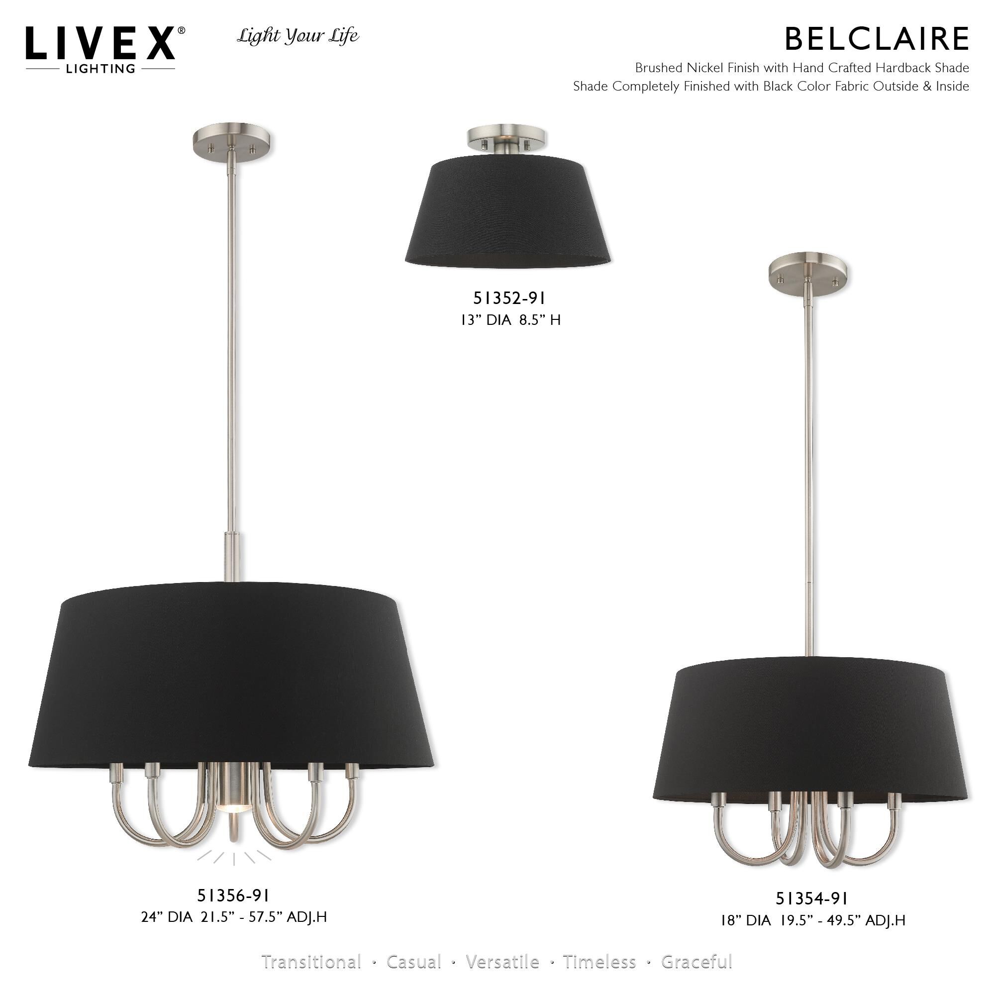 Shown in Brushed Nickel finish and Hand Crafted Black Fabric Hardback shade