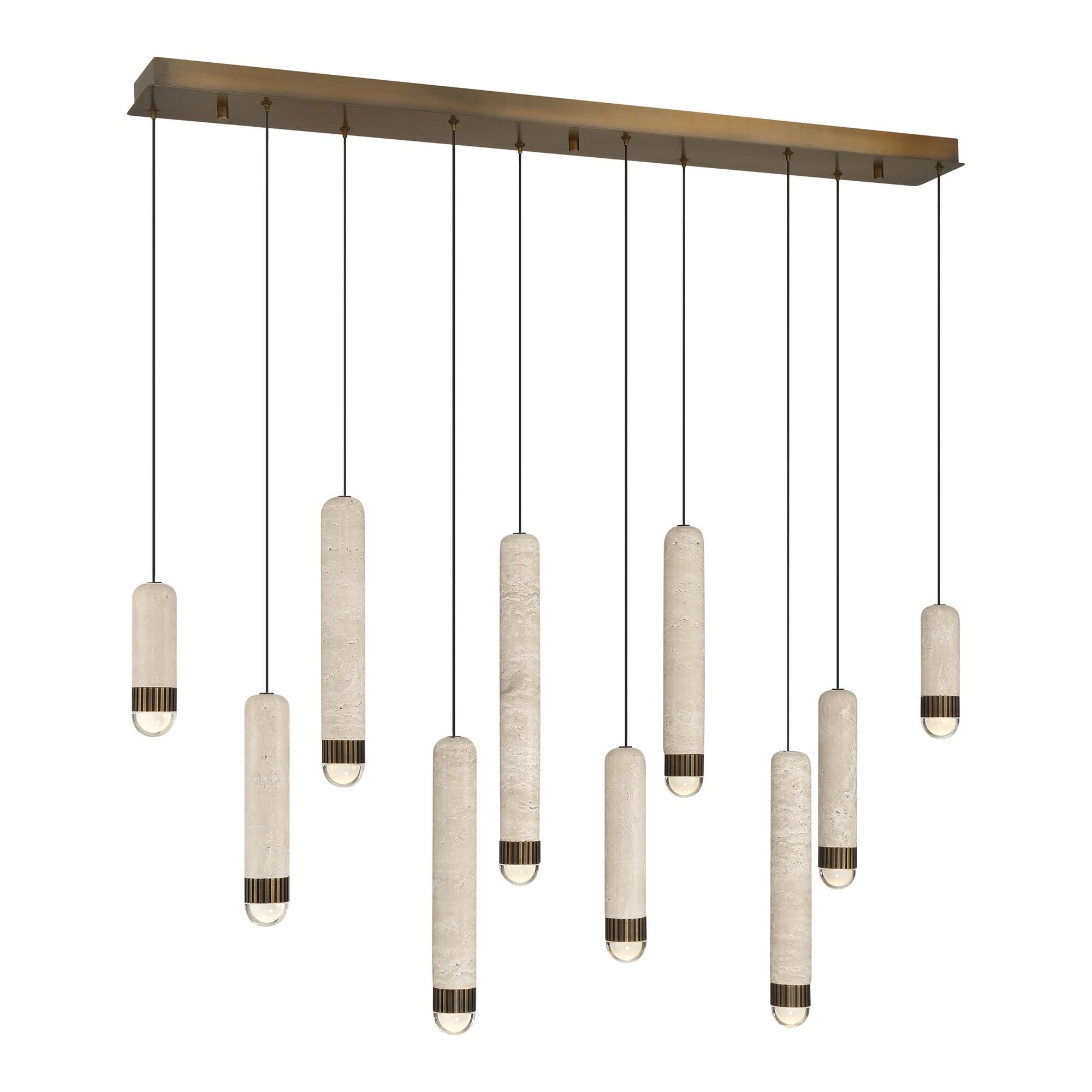 Shown in Antique Brass finish and Travertine shade