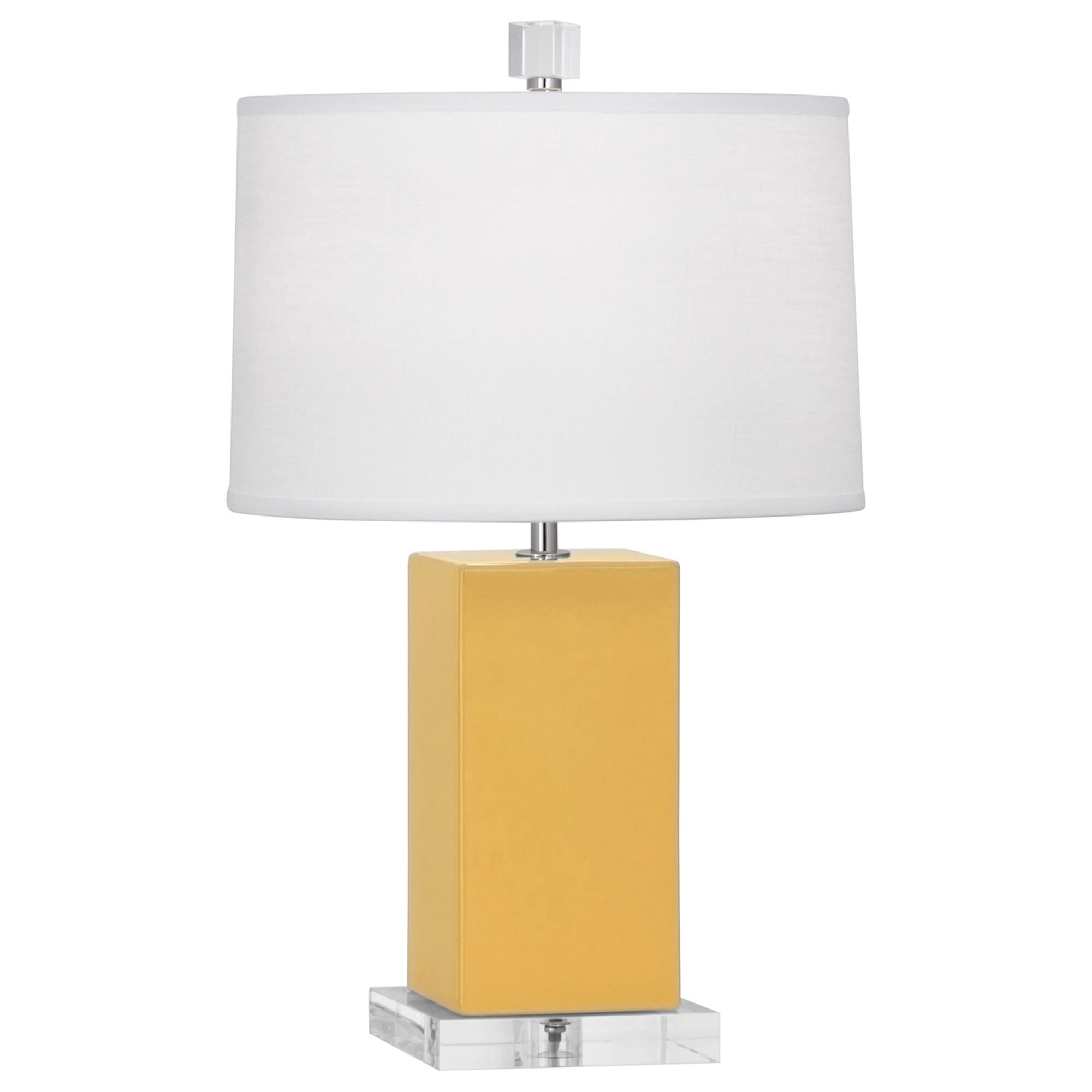 Shown in Sunset Yellow Glazed Ceramic finish and Oyster Linen With Self Fabric Top Diffuser shade