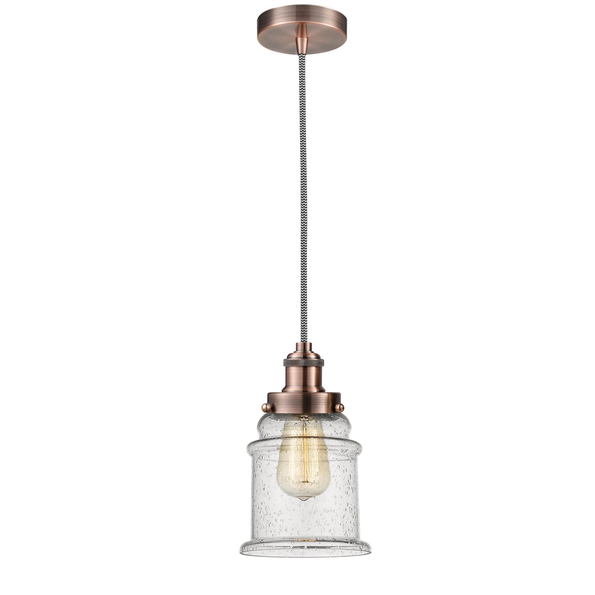 Shown in Antique Copper finish and Bell glass and Glass shade and Antique Copper Edison Socket Cover accent
