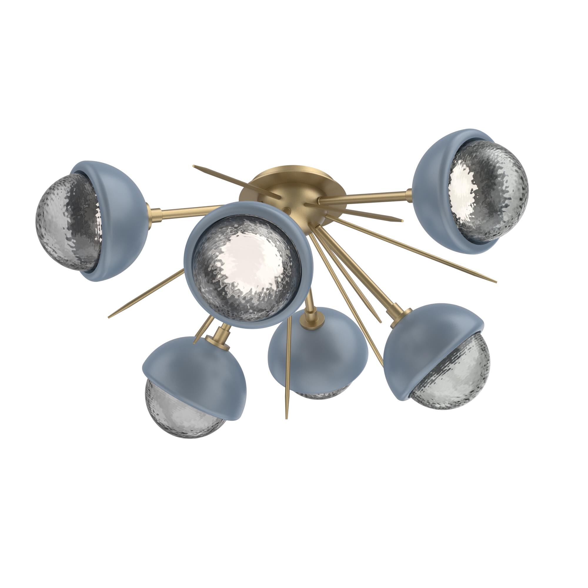 Shown in Gilded Brass finish and Smoke glass and Poppy Blue accent