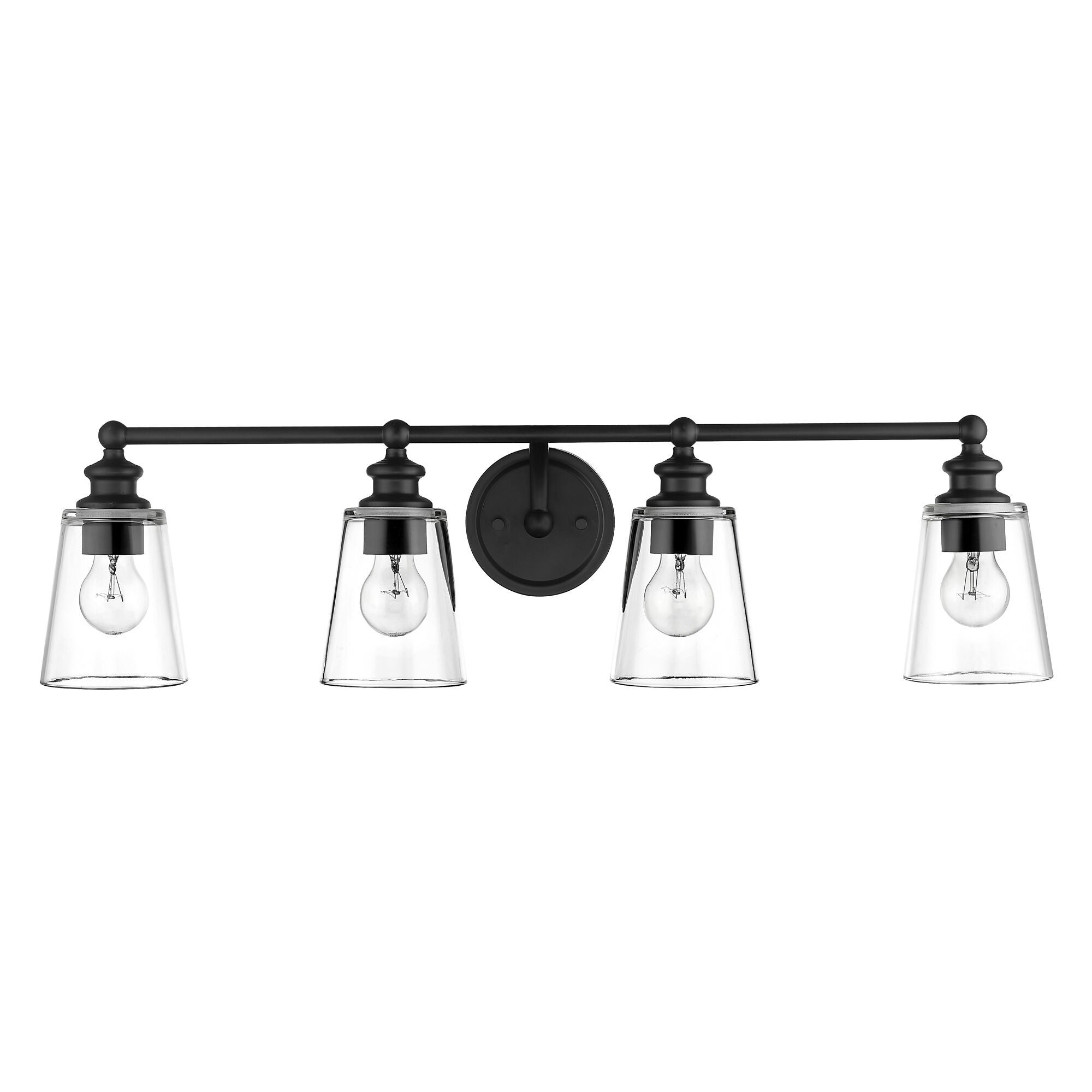 Shown in Matte Black finish and Clear glass and Clear, Cone Shaped Glass shade