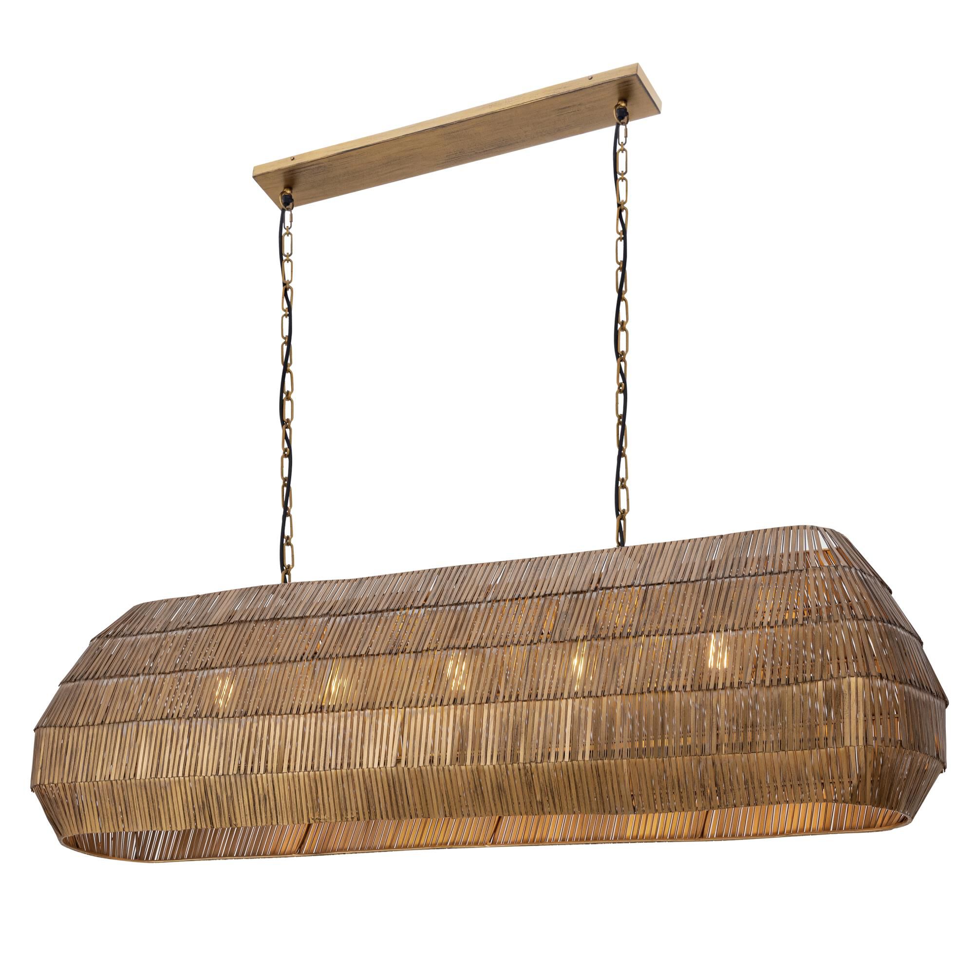Shown in Antique Brass finish and Rattan shade