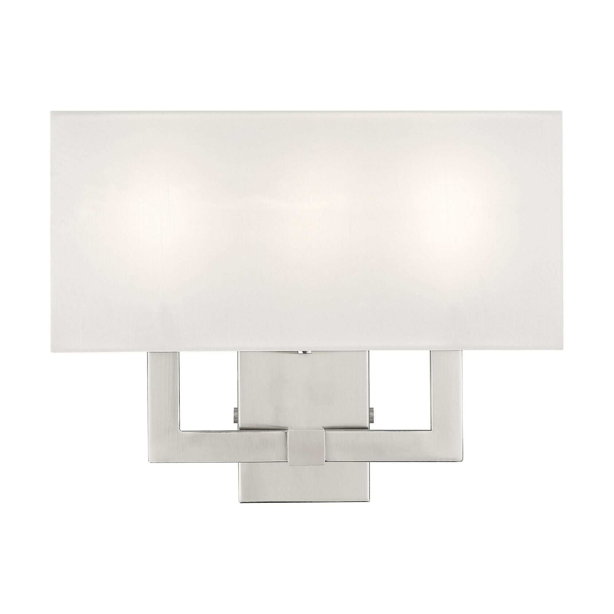 Shown in Brushed Nickel finish and Hand Crafted Off White Fabric Hardback shade