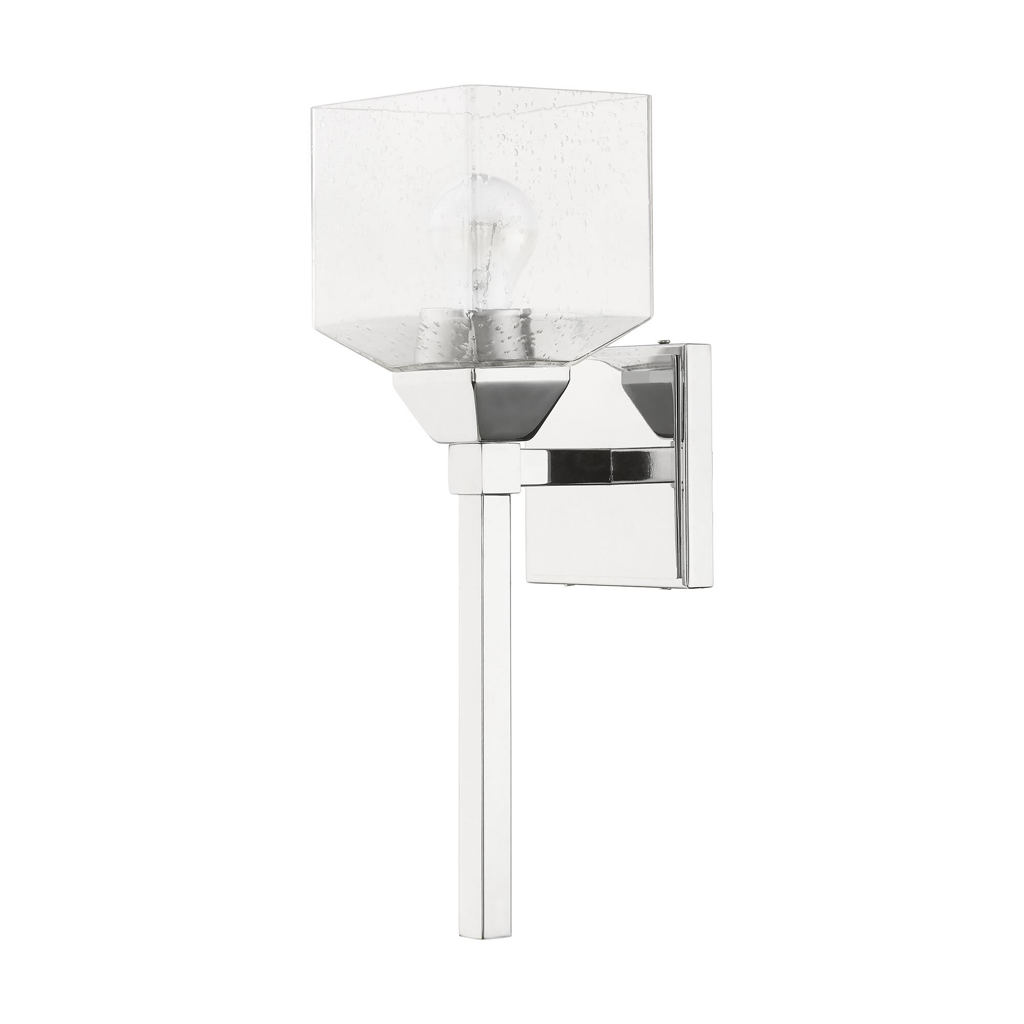 Shown in Polished Chrome finish and Hand Blown Clear Seeded glass