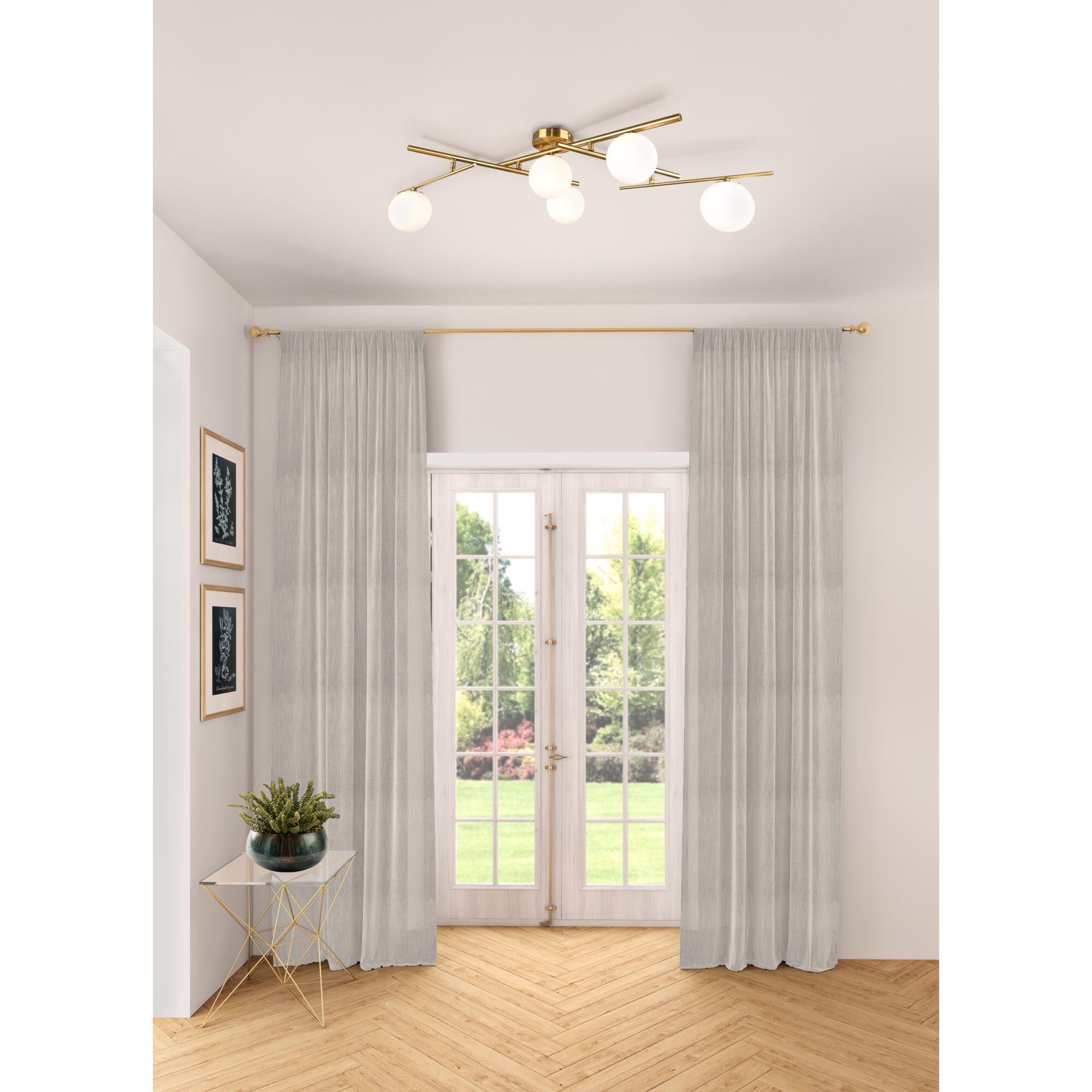 Shown in Plated Brushed Brass finish and White glass