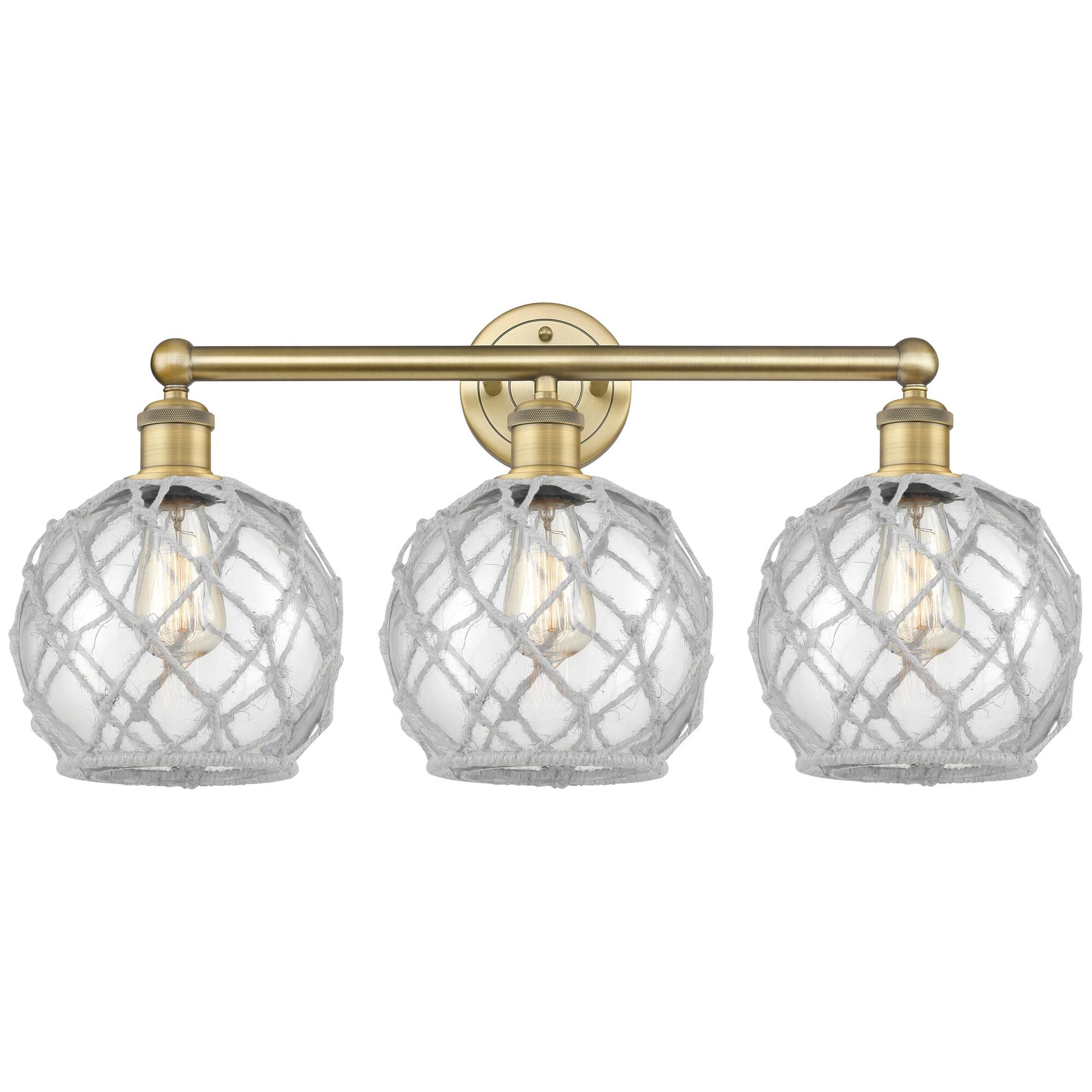 Shown in Brushed Brass finish and Clear with White Rope glass