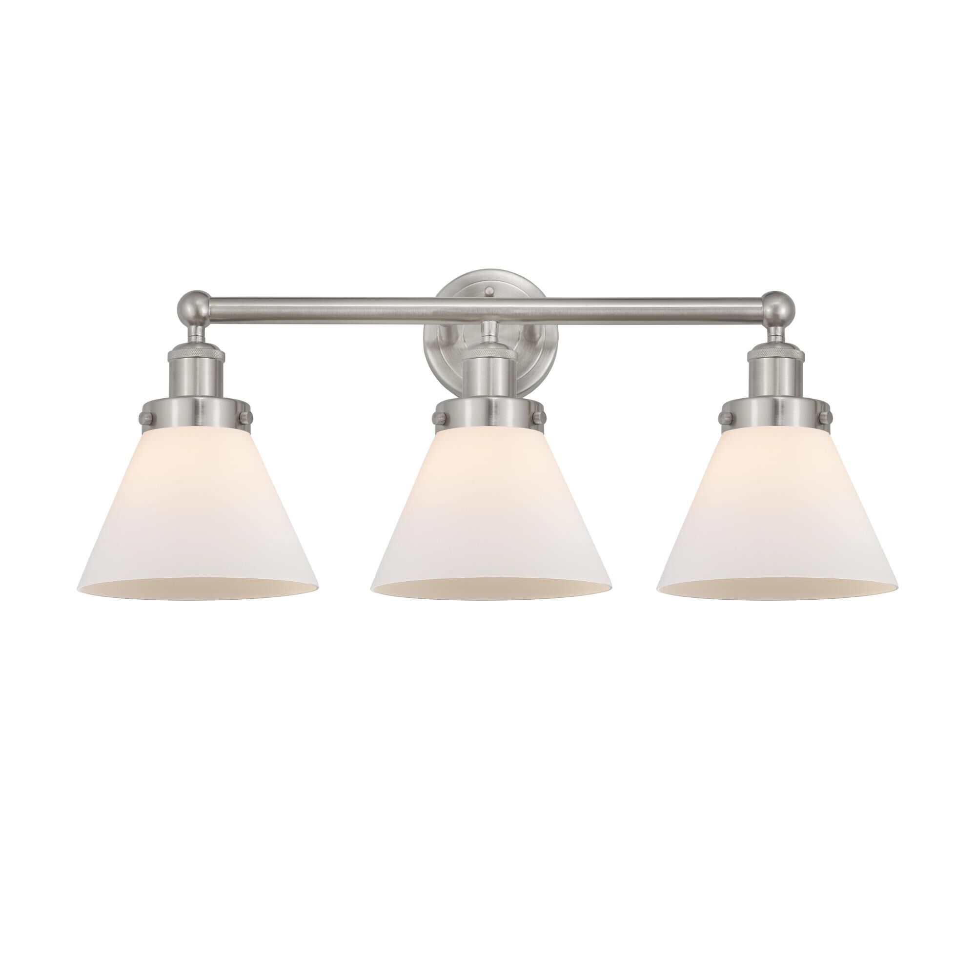 Shown in Brushed Satin Nickel, Matte White finish and Matte White glass and Matte White Glass shade
