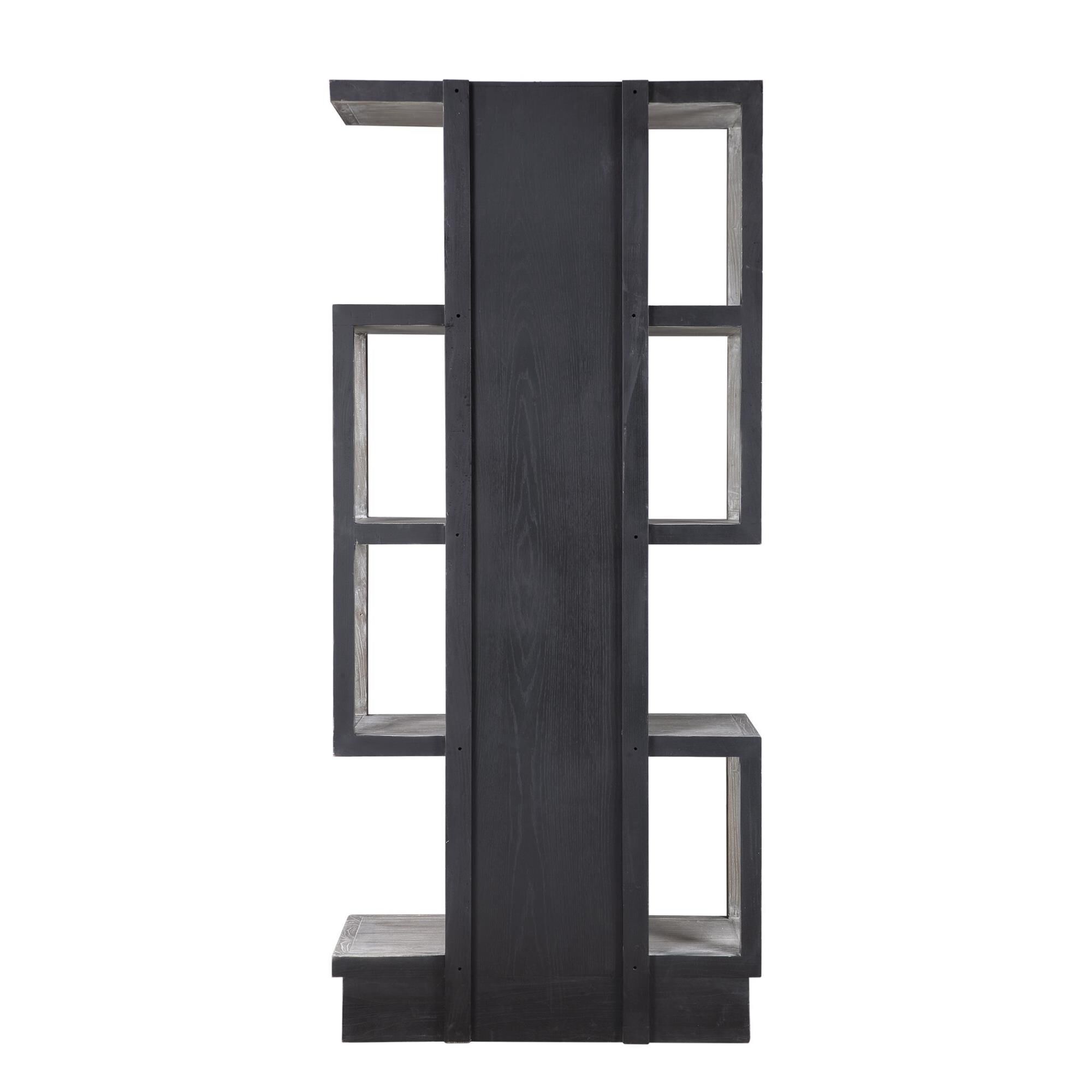 Shown in The Dramatic Contrast Of This Asymmetrical Etagere Gives An Updated Contemporary Feel, Featuring Elm finish