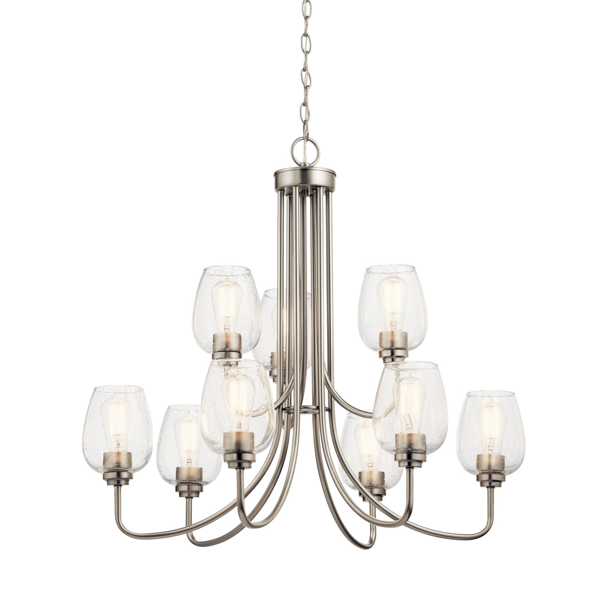Shown in Brushed Nickel finish and Clear Seeded glass