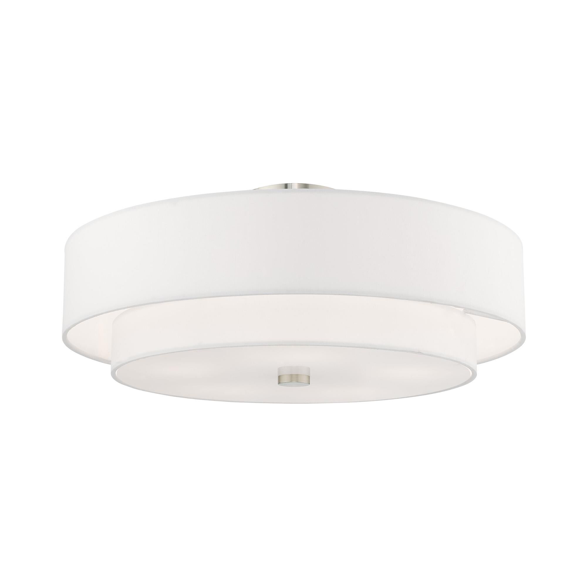 Shown in Brushed Nickel finish and Hand Crafted Off-White Fabric Hardback shade