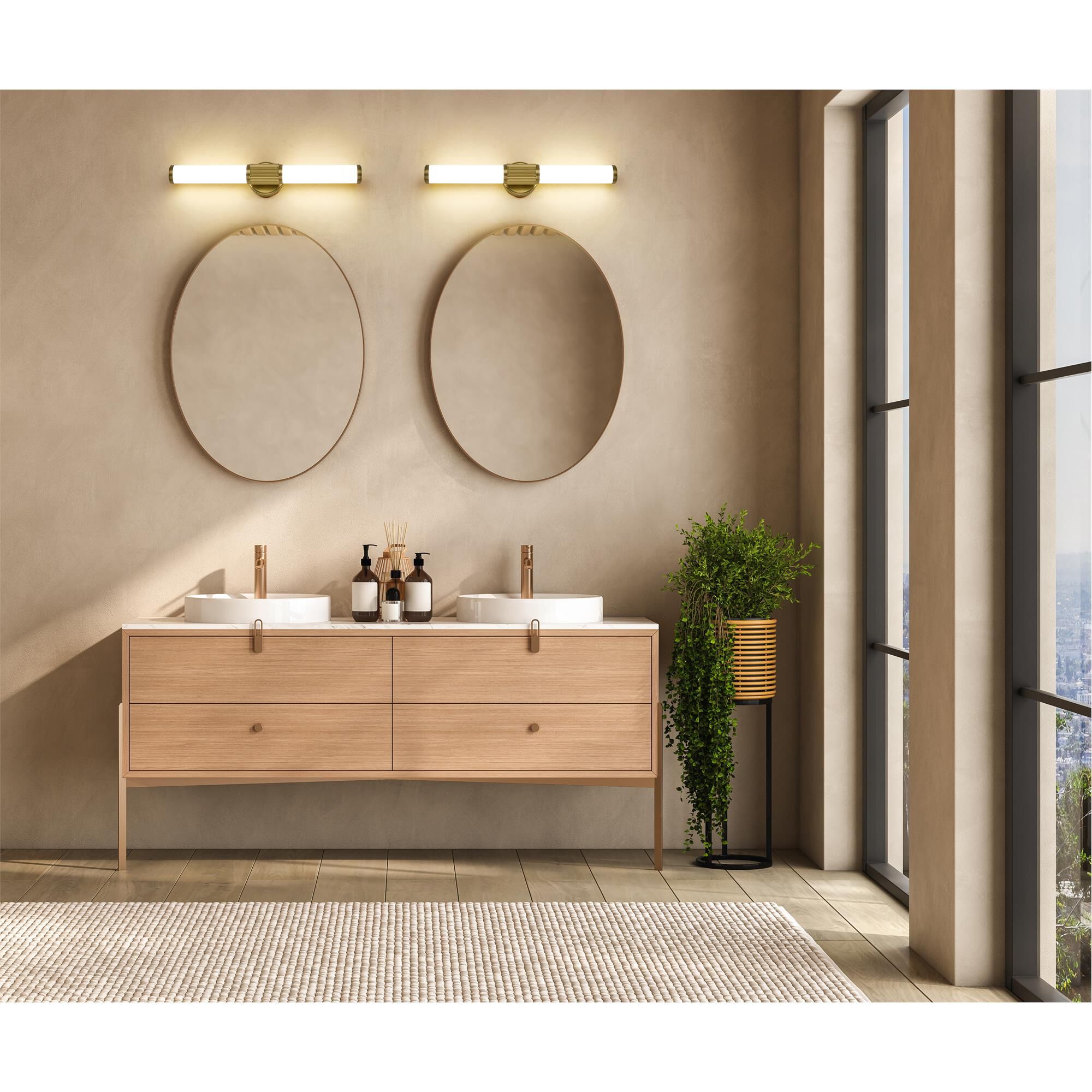 Shown in Modern Gold finish and Opal White glass and Opal White shade