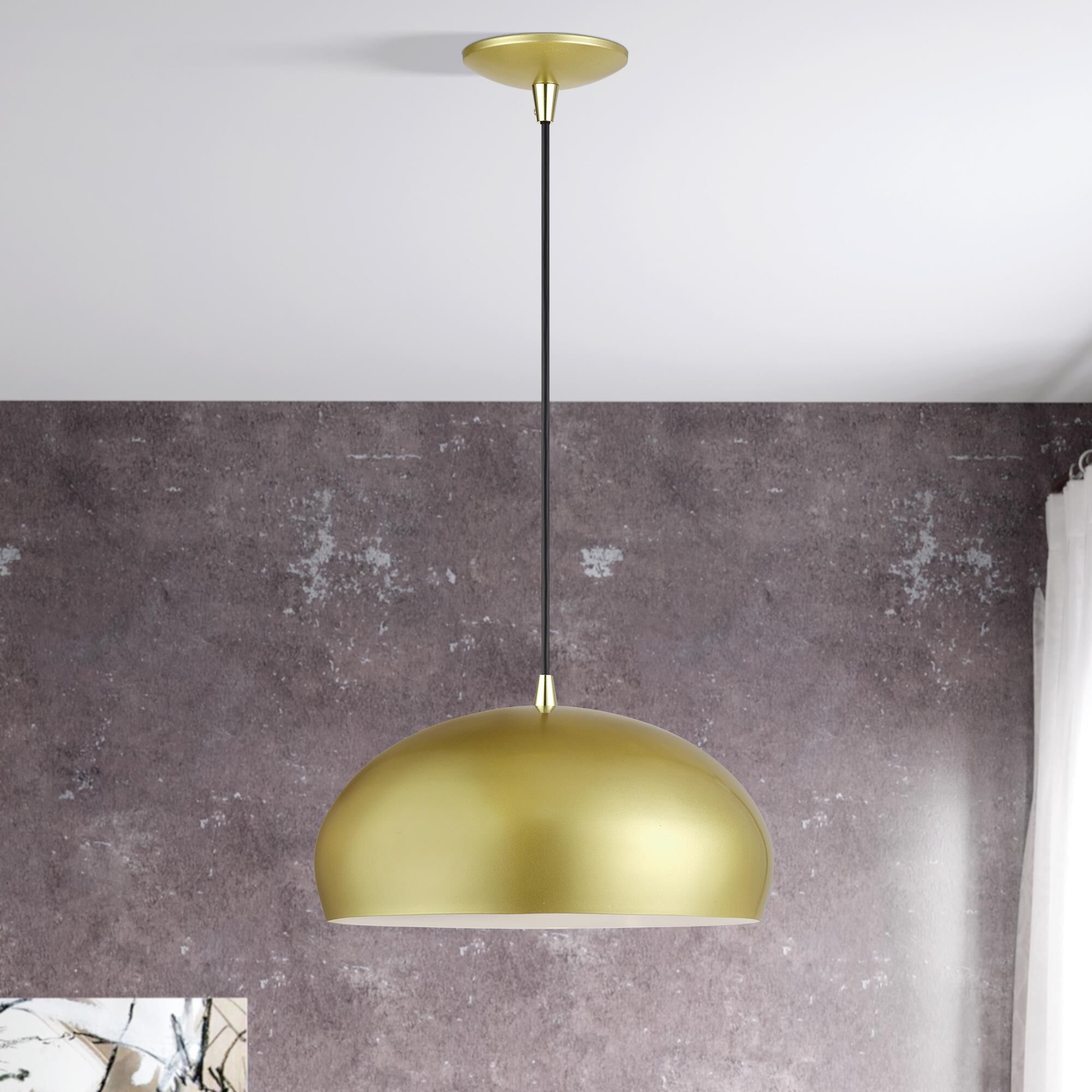 Shown in Soft Gold with Polished Brass Accents finish and Soft Gold Steel with Shiny White Inside shade