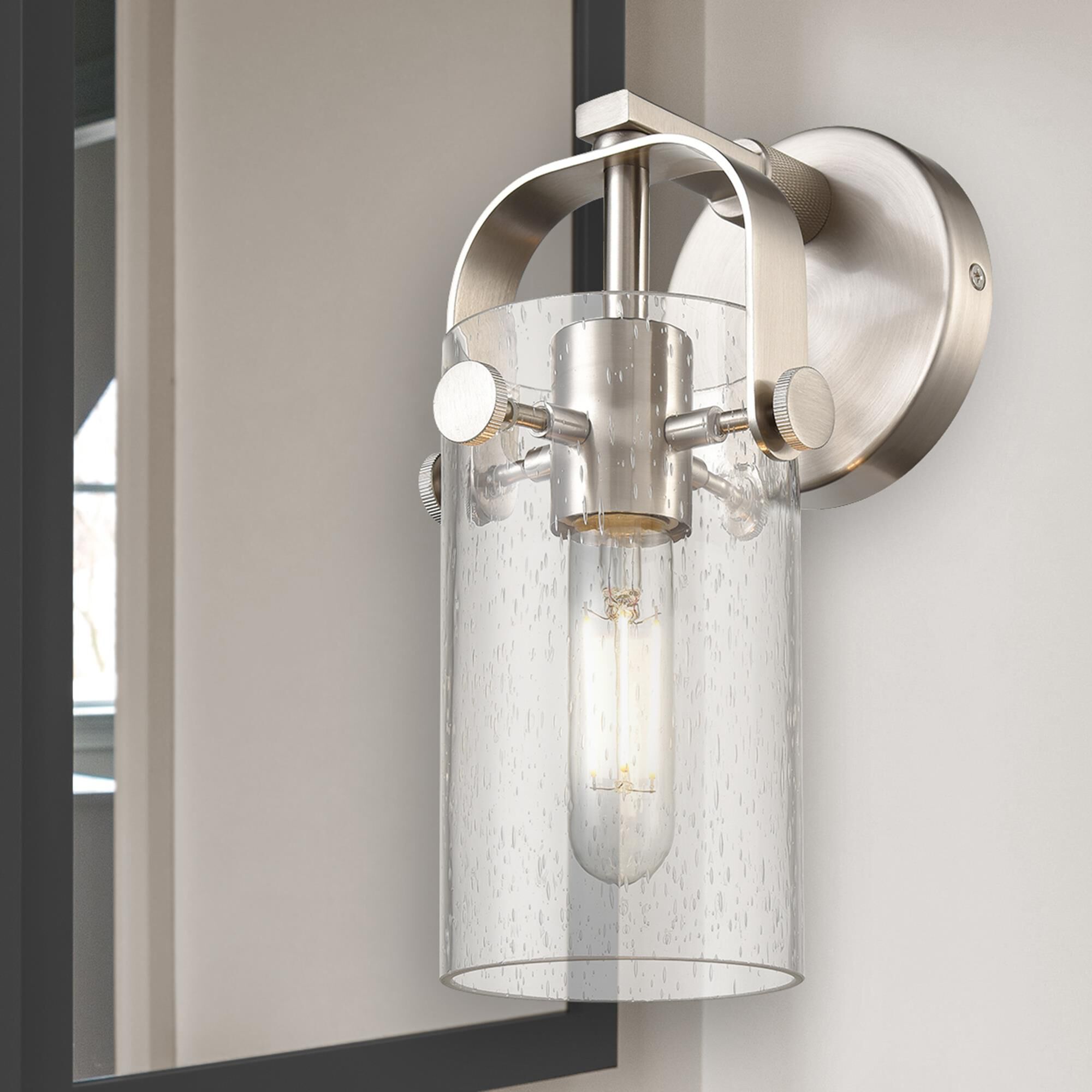 Shown in Satin Nickel finish and Seedy glass