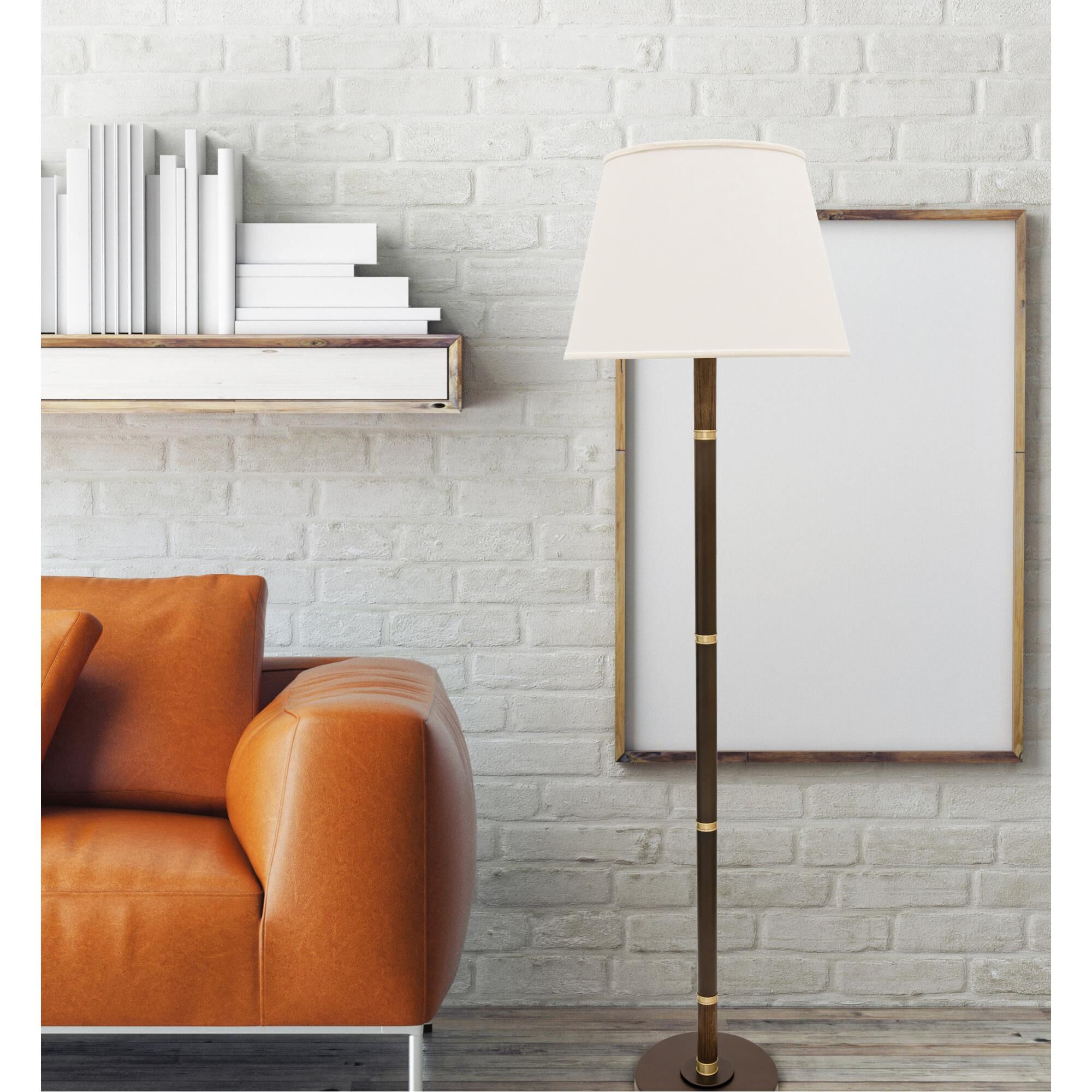 Shown in Chestnut Bronze With Satin Brass finish and Natural Linen Hardback shade