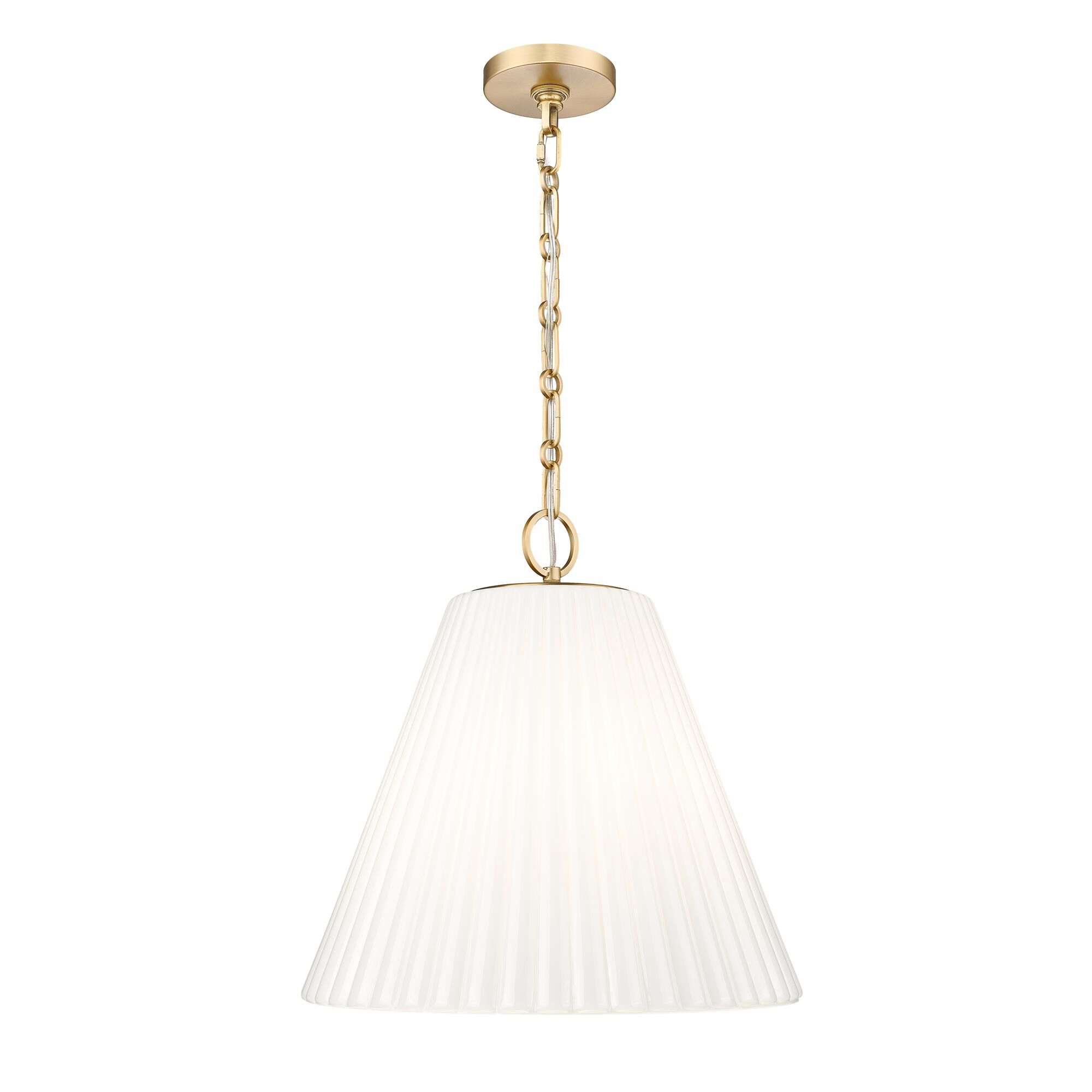 Shown in Modern Gold finish and White glass and White shade