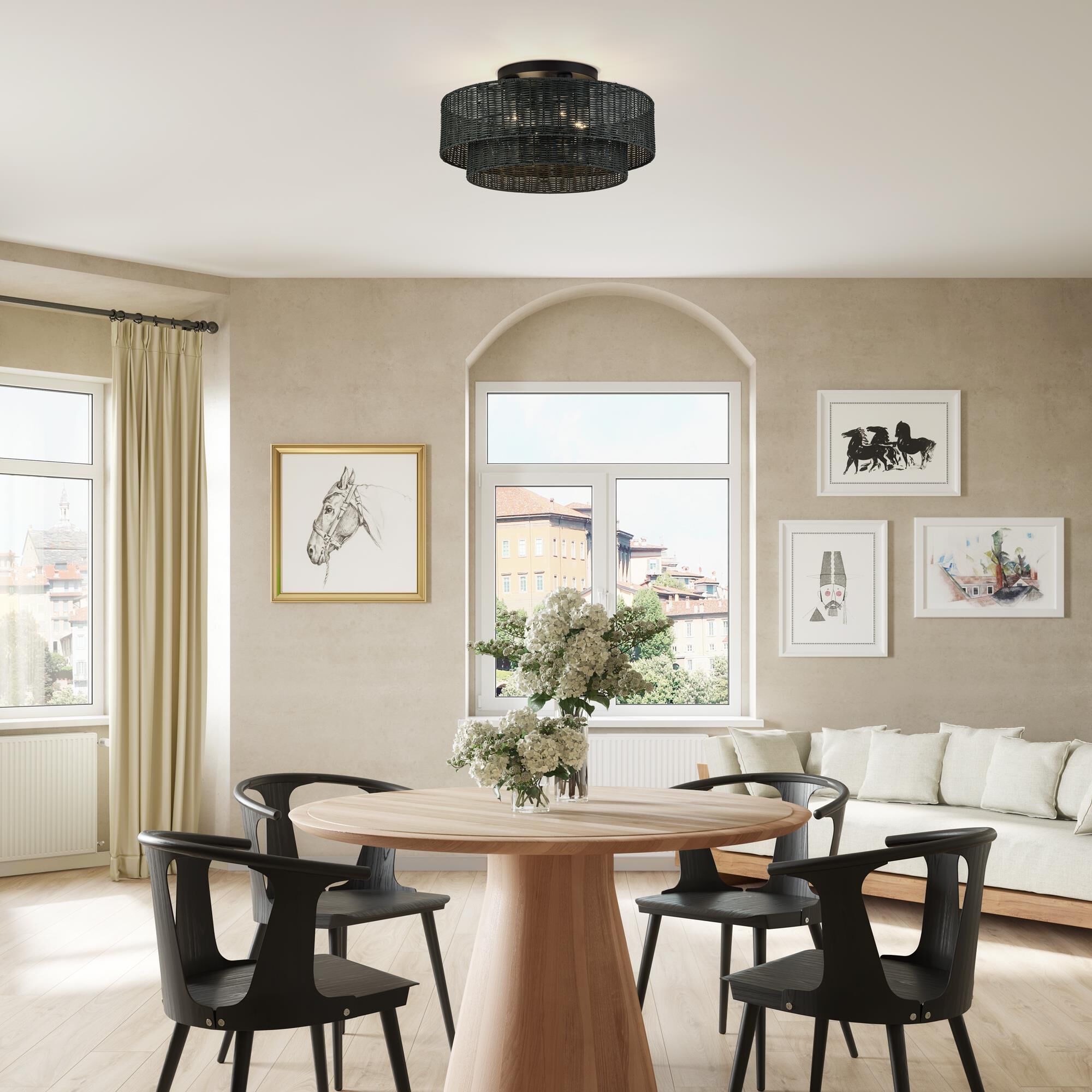 Shown in Black finish and Hand-Woven Charred Gray Color Rattan shade