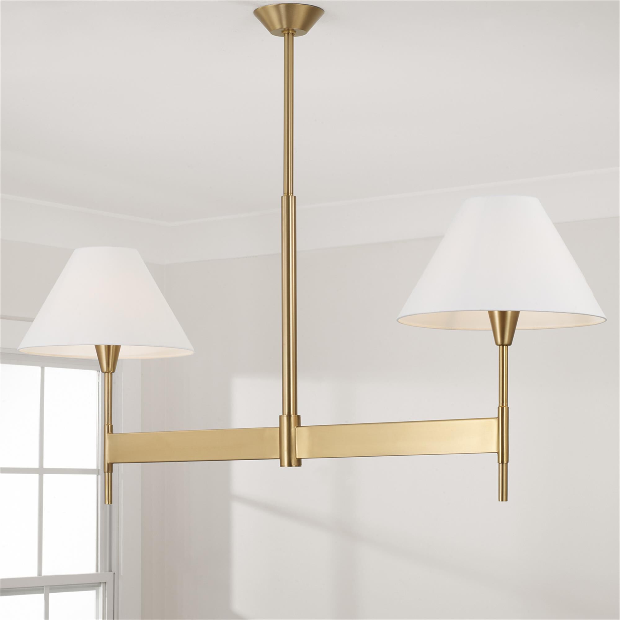 Shown in Aged Brass finish and White Fabric Stay-Straight s shade