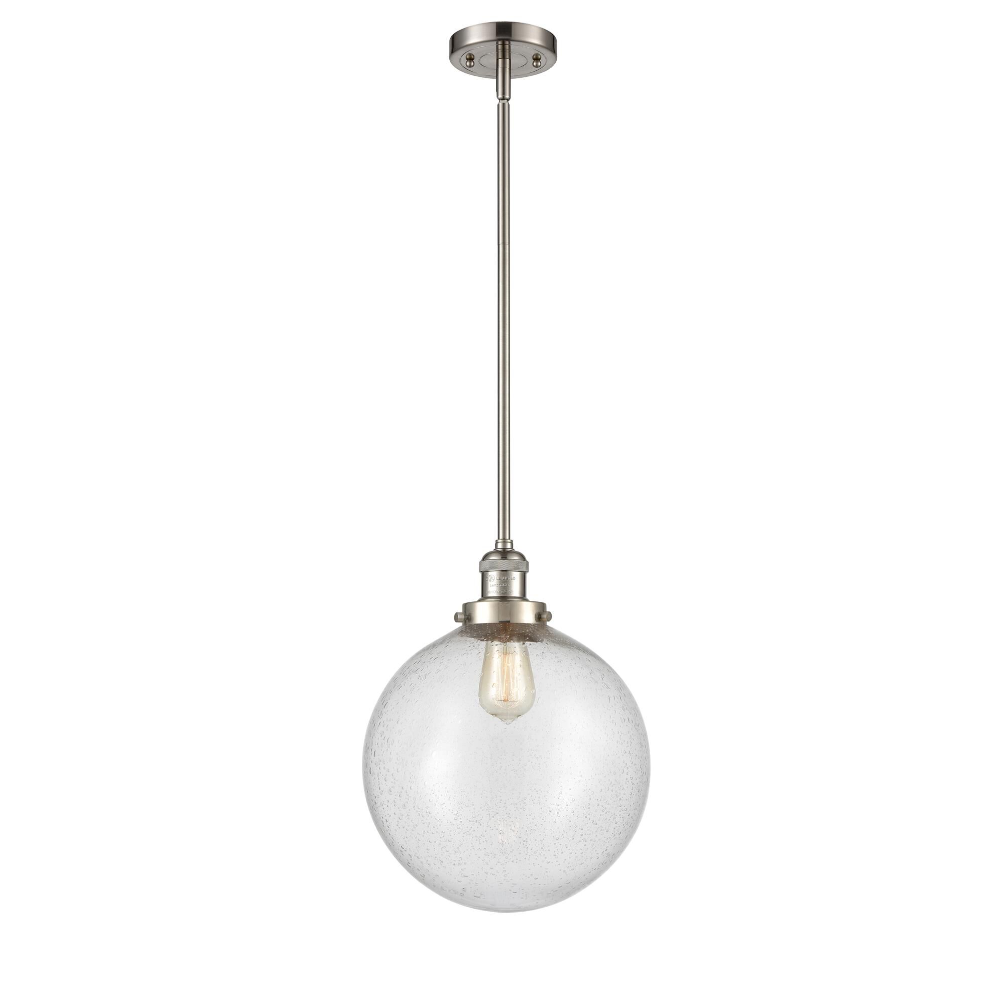 Shown in Brushed Satin Nickel finish and Seedy Beacon glass