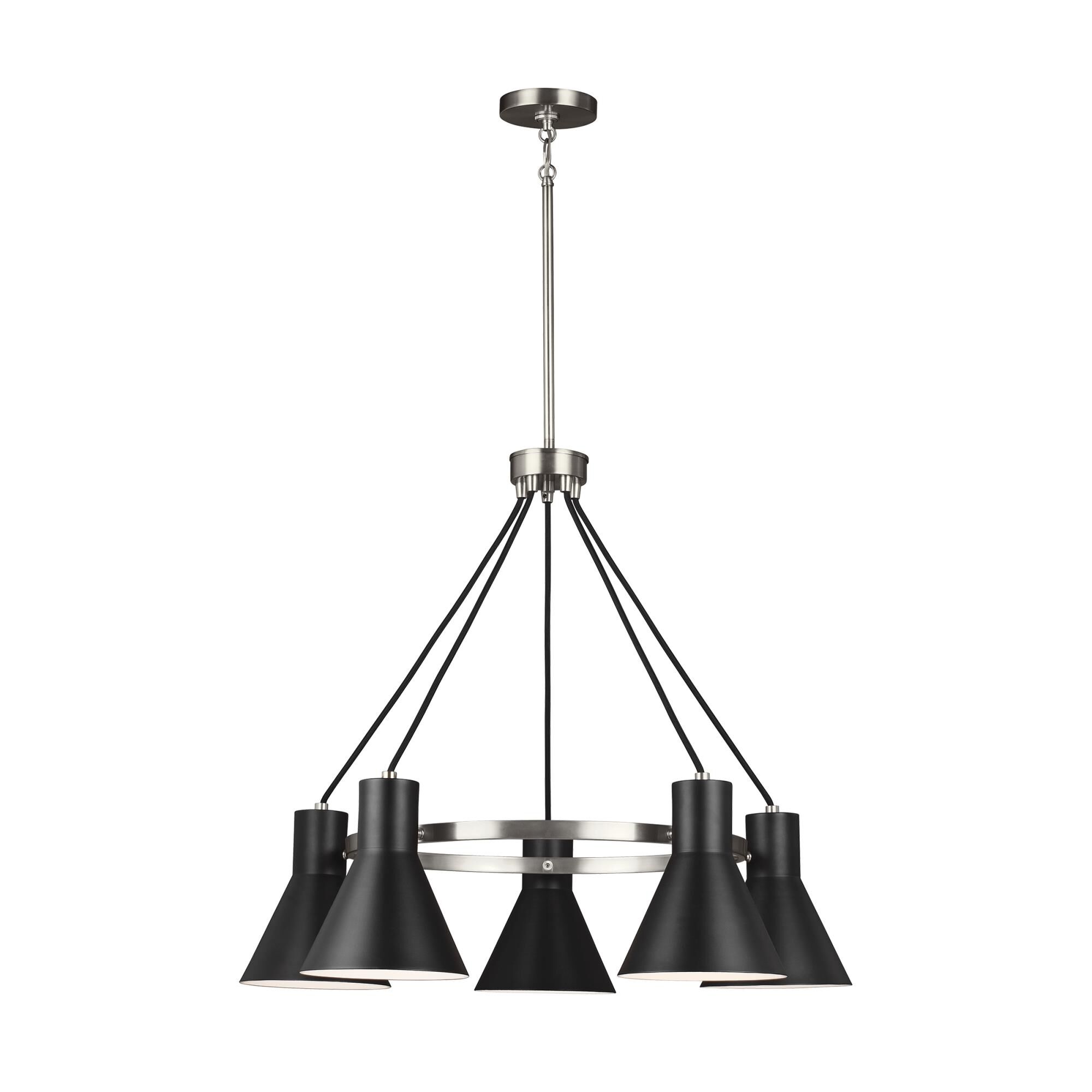 Shown in Brushed Nickel finish and Black Steel Shades glass and Black Steel s shade