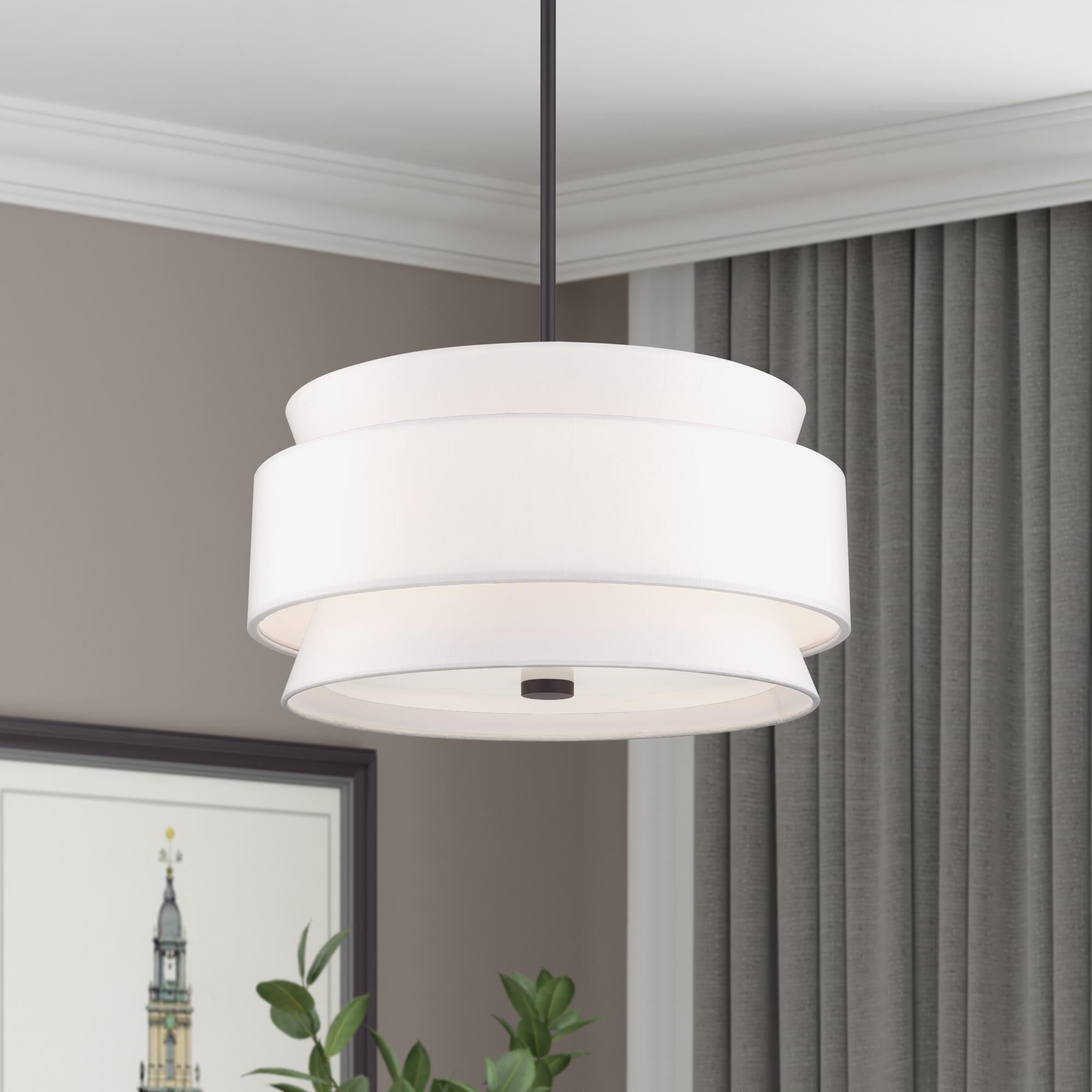 Shown in Bronze finish and Hand Crafted Off-White Fabric Hardbacks with White Fabric Inside shade