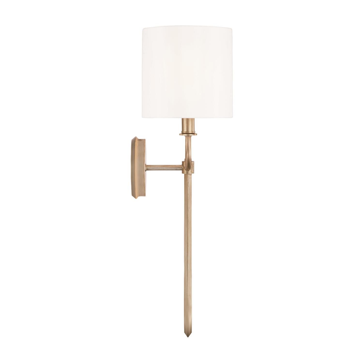 Shown in Brushed Champagne finish and White Fabric Oval Stay-Straight shade