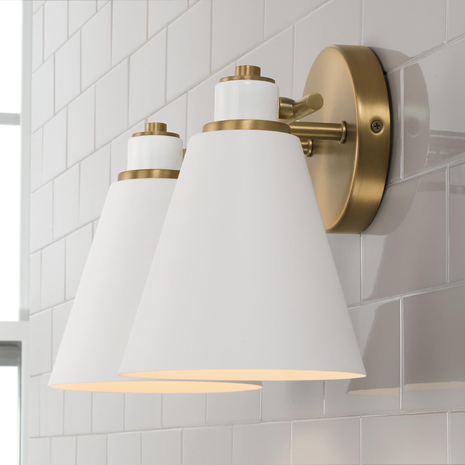Shown in Aged Brass and White finish and White Metal  with White Interior shade