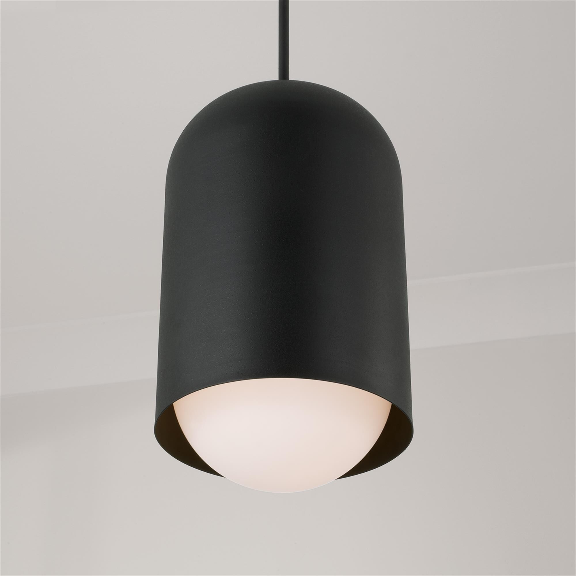 Shown in Black Iron finish and Soft White glass