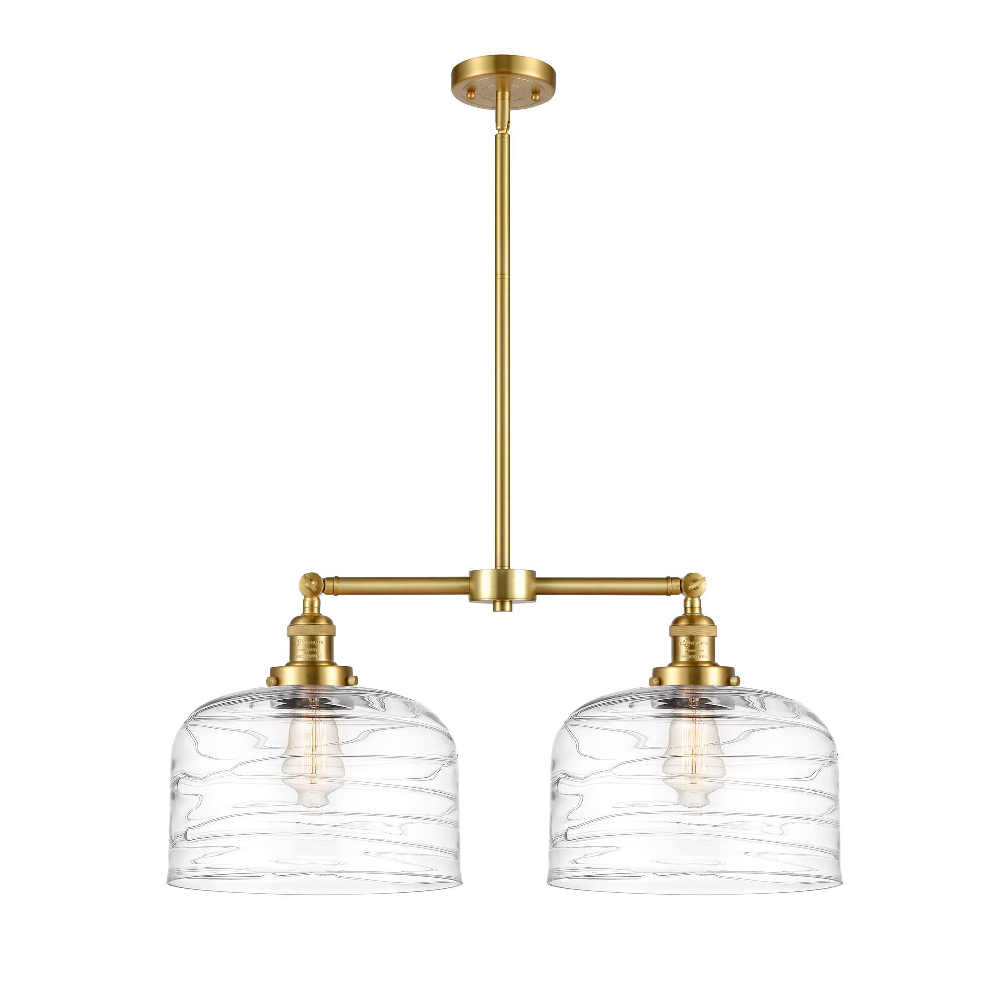 Shown in Satin Gold finish and Clear Deco Swirl X-Large Bell glass