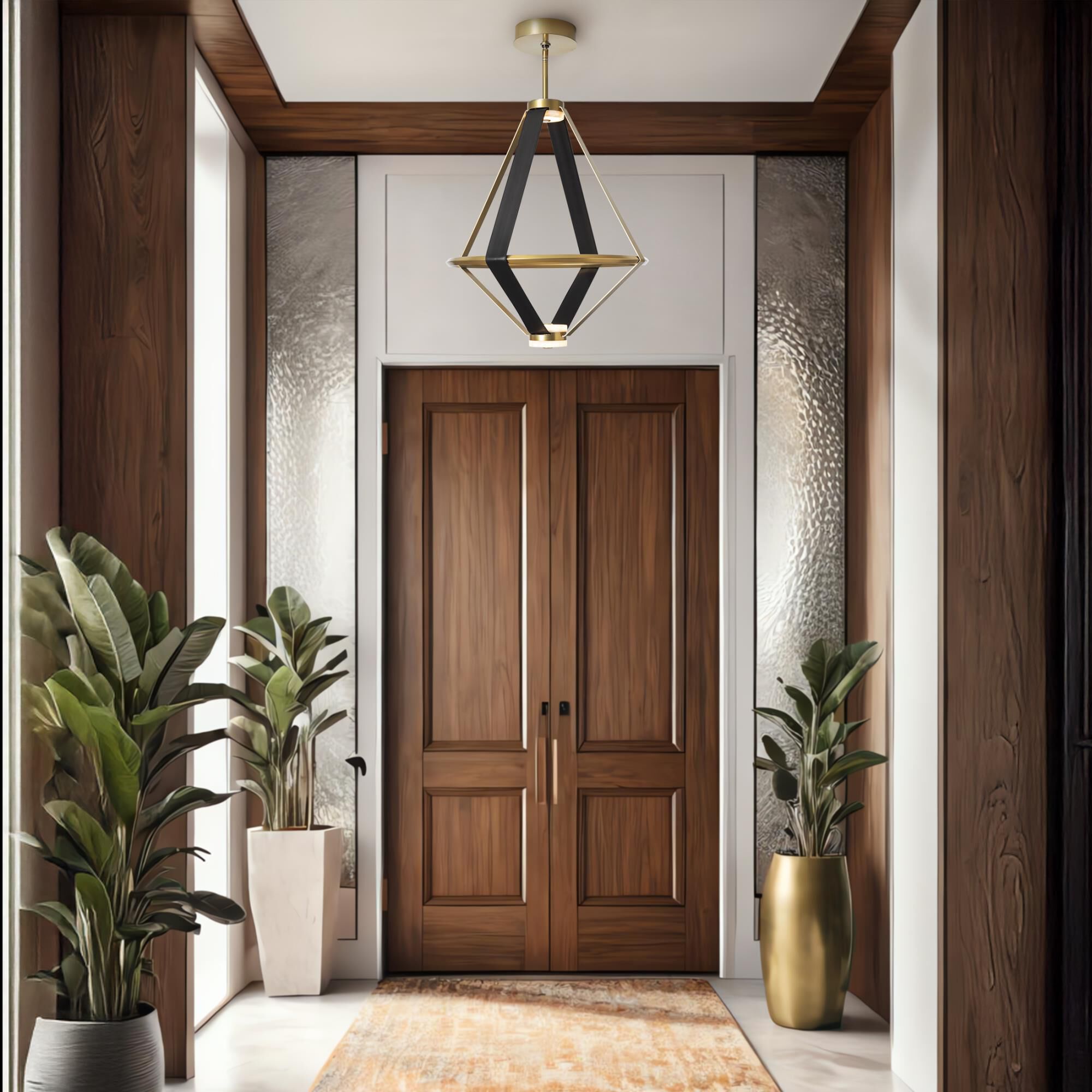 Shown in Modern Brass finish and Black Leather accent