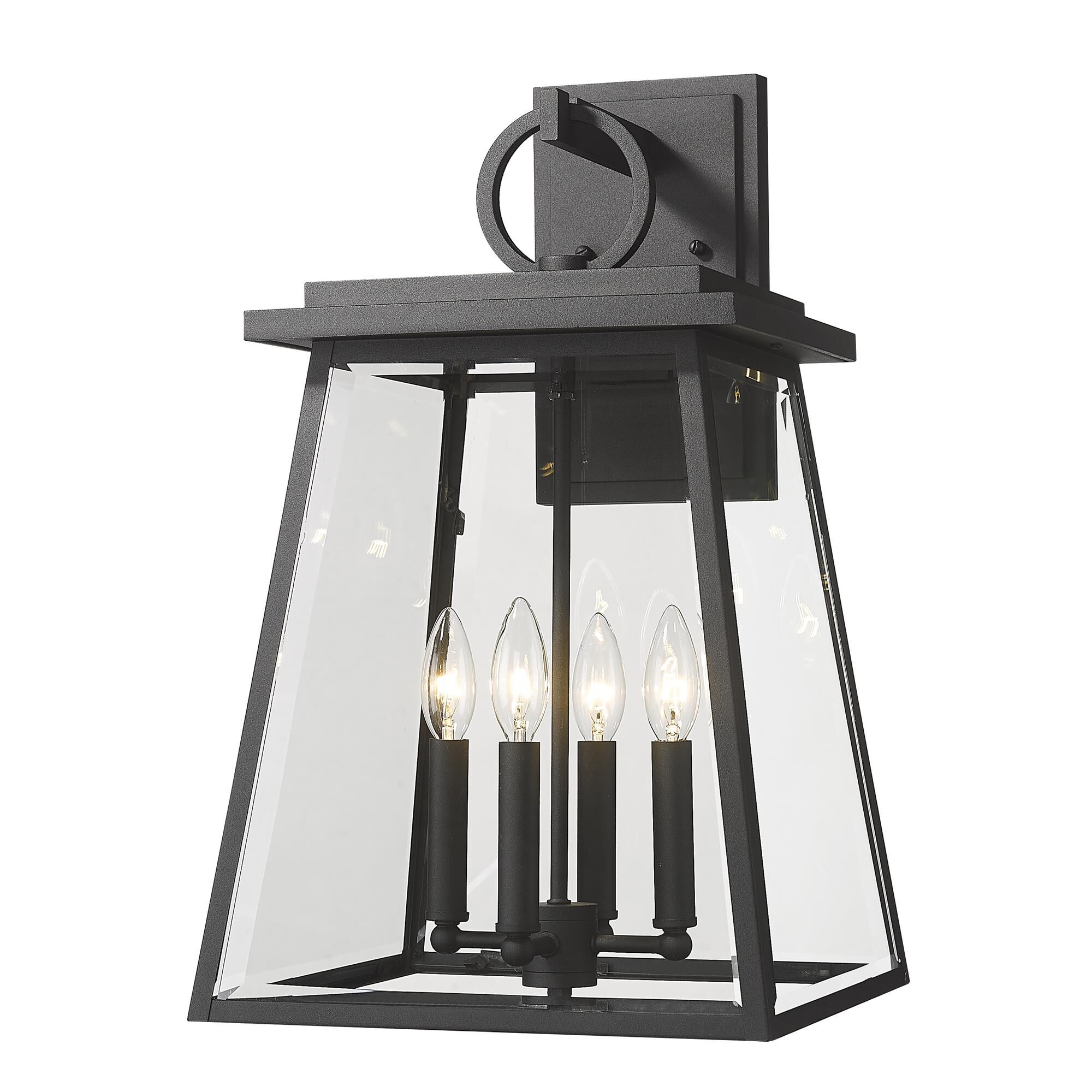 Shown in Black finish and Clear Beveled glass