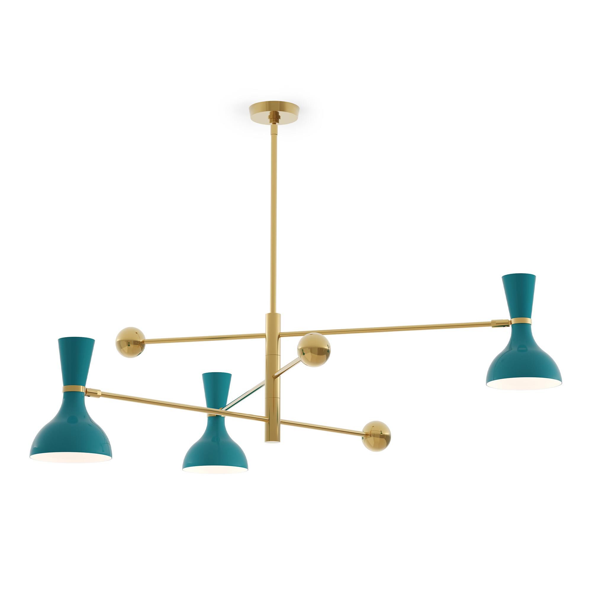 Shown in Modern Brass finish and Peacock shade