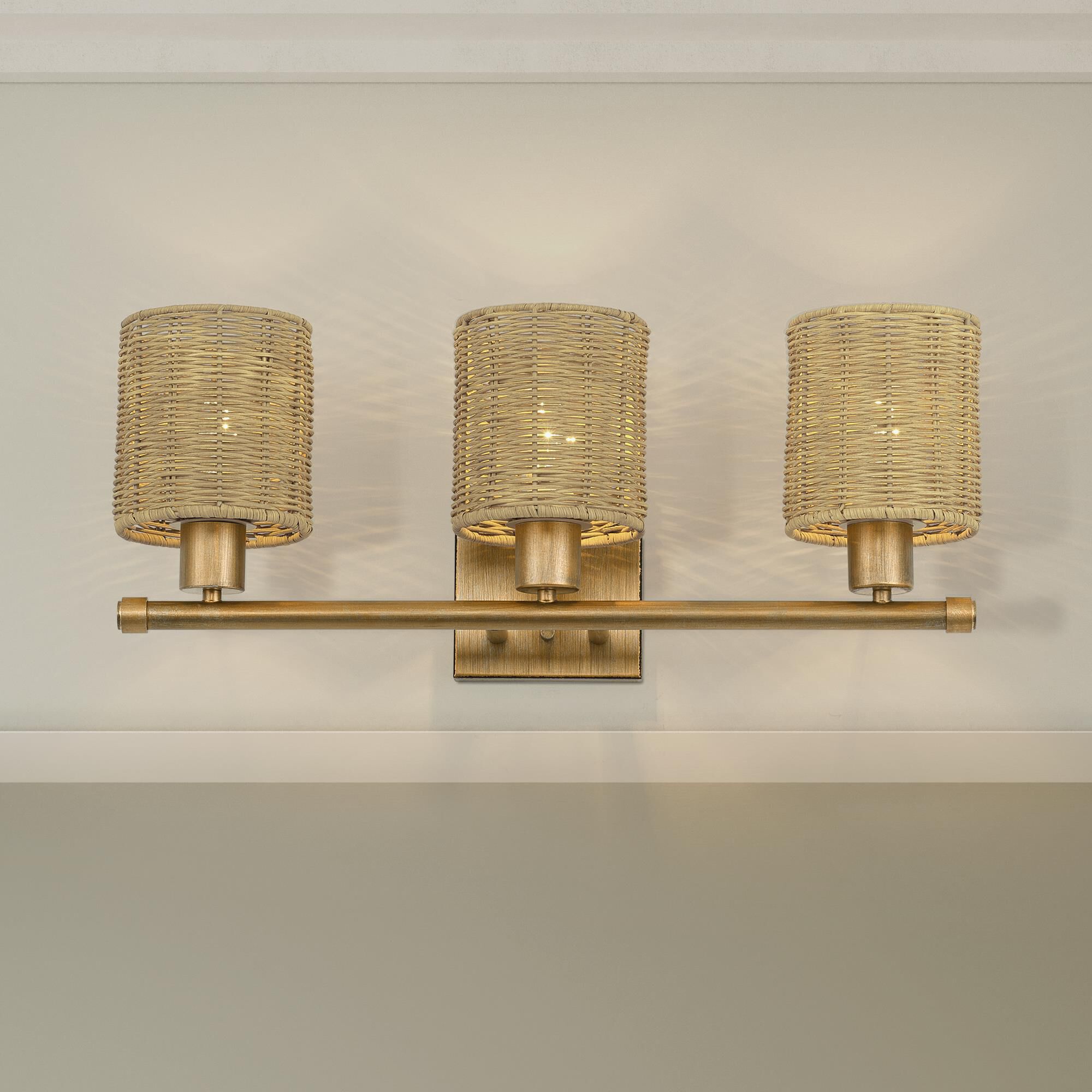 Shown in Antique Gold Leaf finish and Hand-Woven Rustic Walnut Color Rattan shade