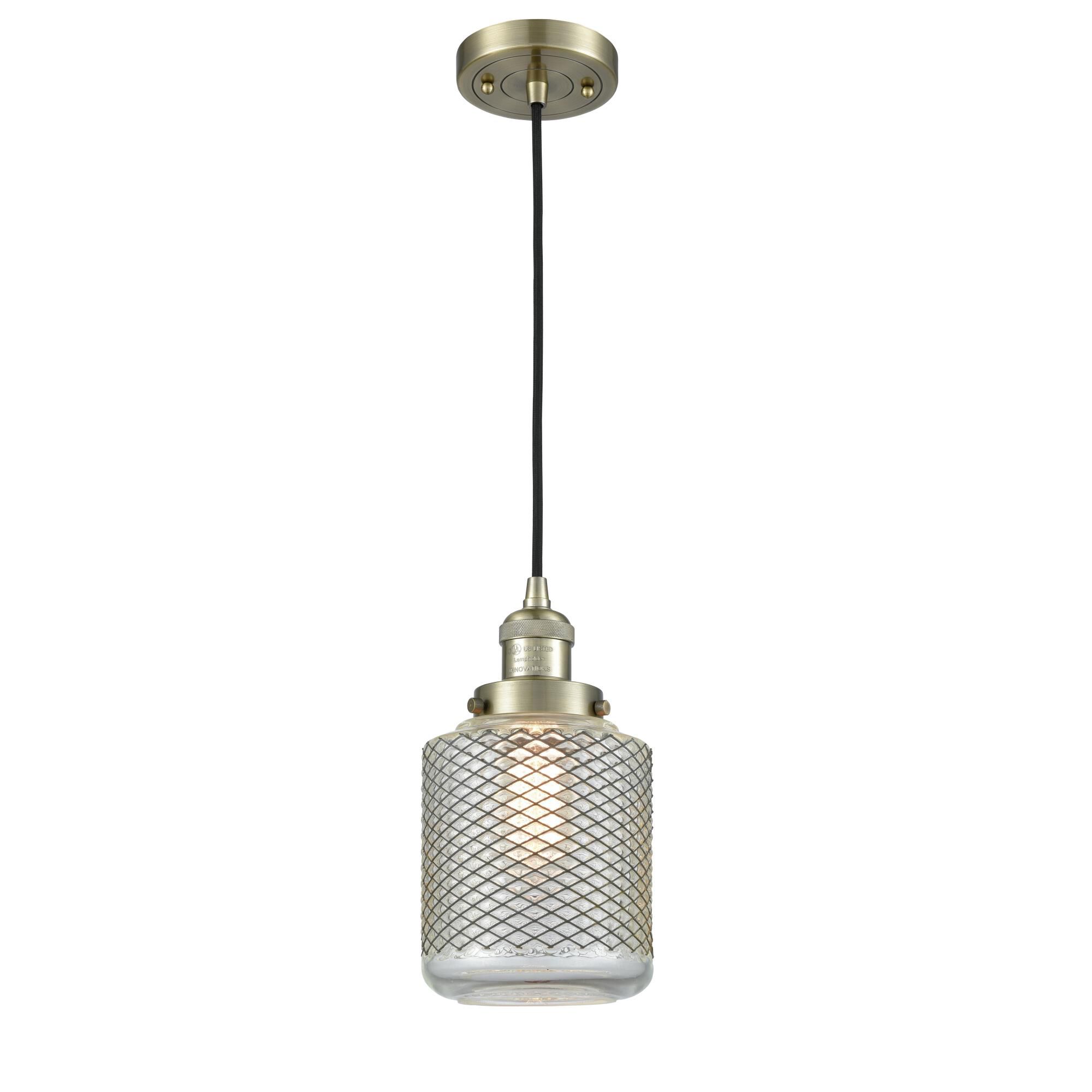 Shown in Antique Brass finish and Clear Wire Mesh glass