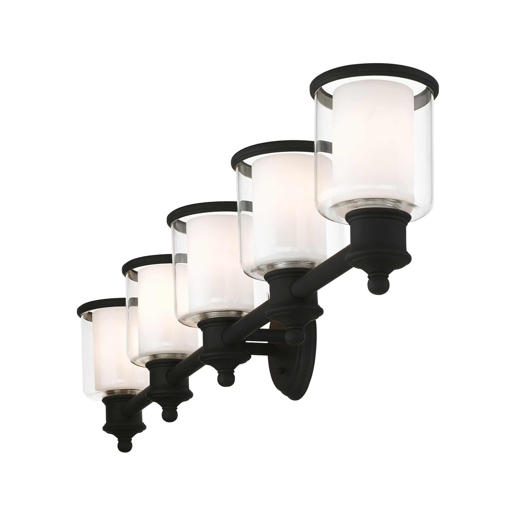 Shown in Black finish and Hand Blown Clear Outer  & Satin Opal White Inner glass and Hand Blown Clear Outer Glass & Satin Opal White Inner Glass shade