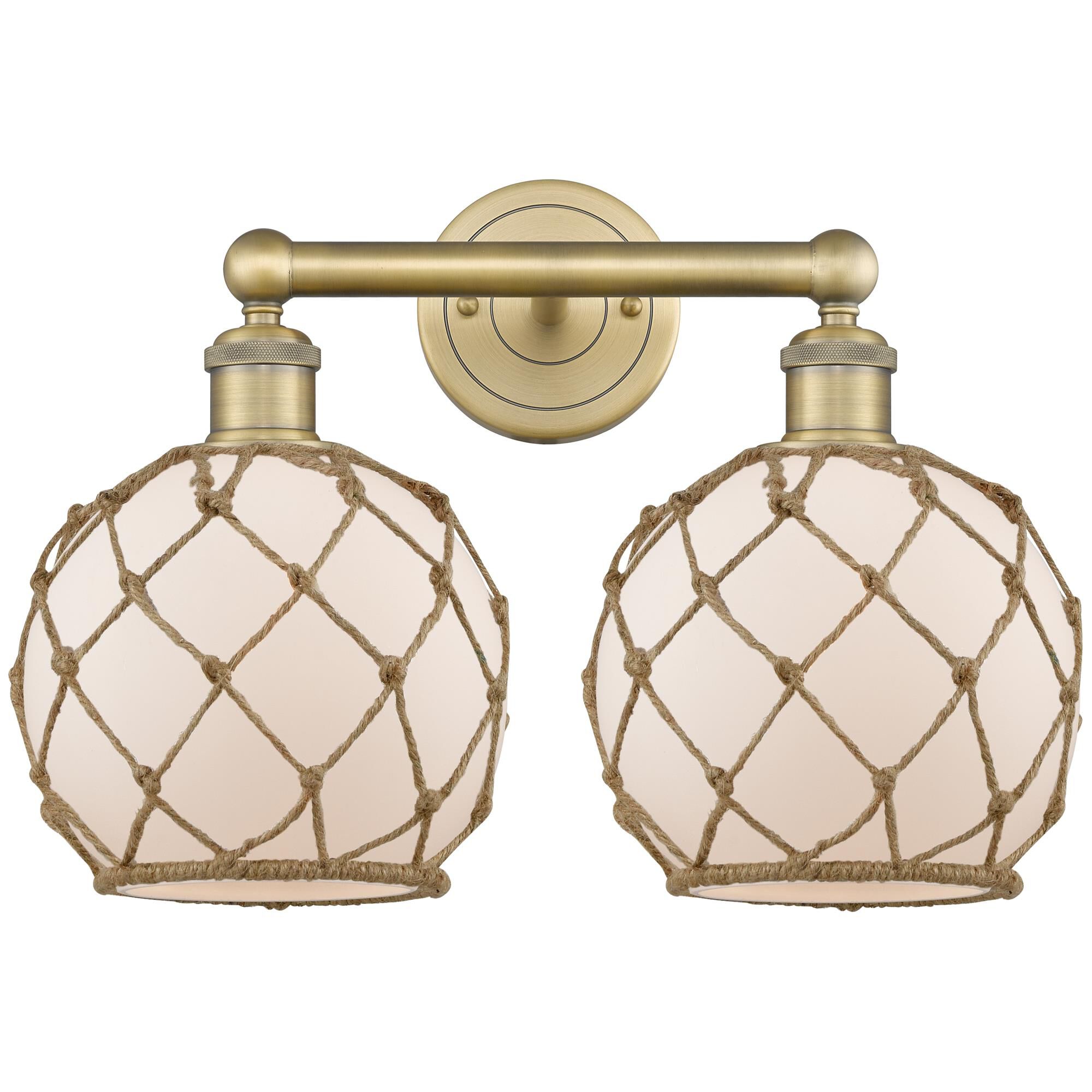 Shown in Brushed Brass finish and White with Brown Rope glass