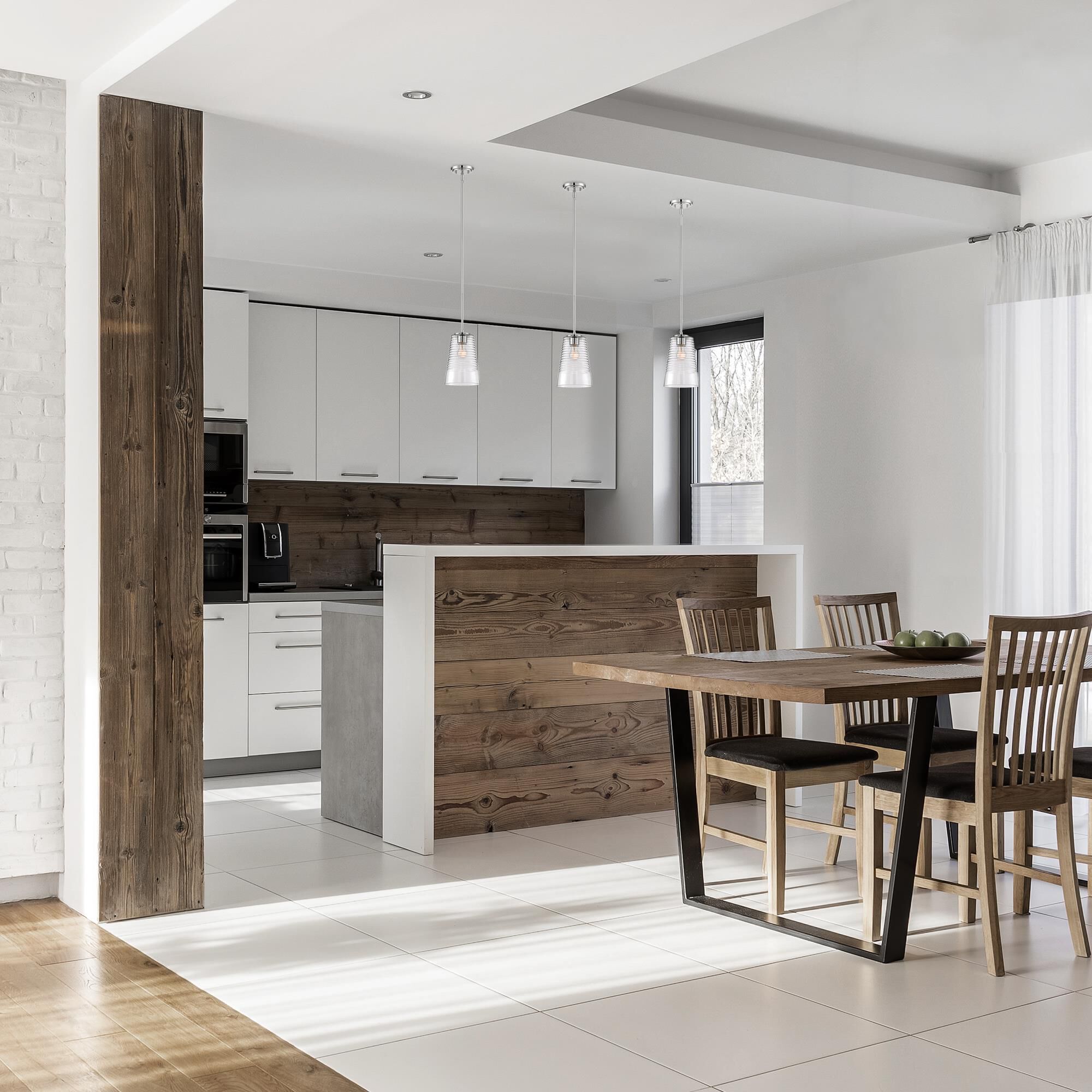 Shown in Polished Nickel finish and Clear Blown Ripple glass