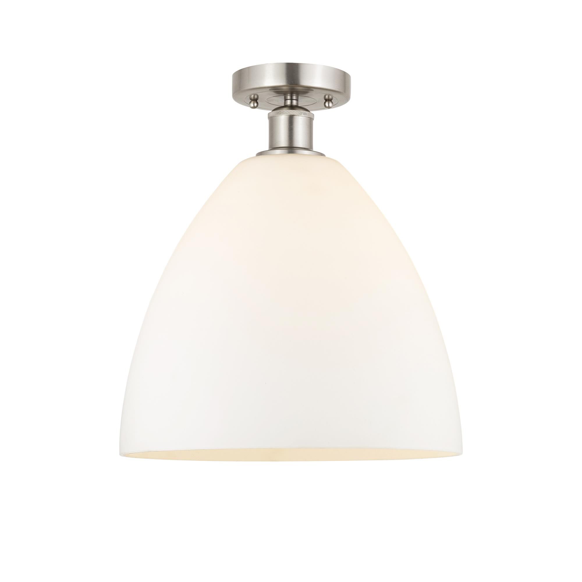 Shown in Brushed Satin Nickel finish and Matte White glass