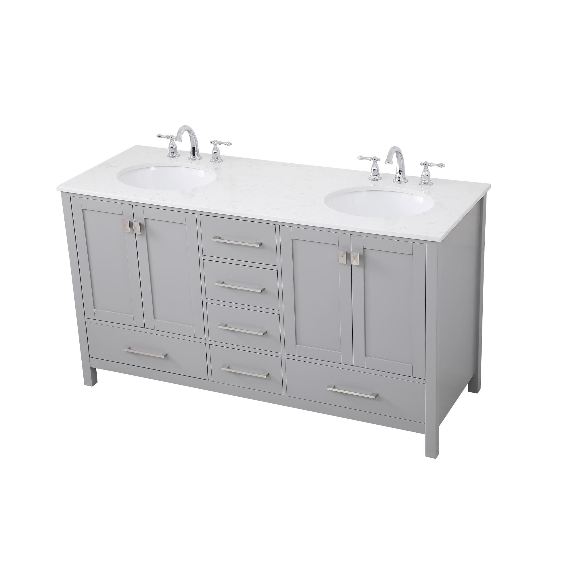 Shown in Gray And Brushed Nickel With Calacatta Quartz finish