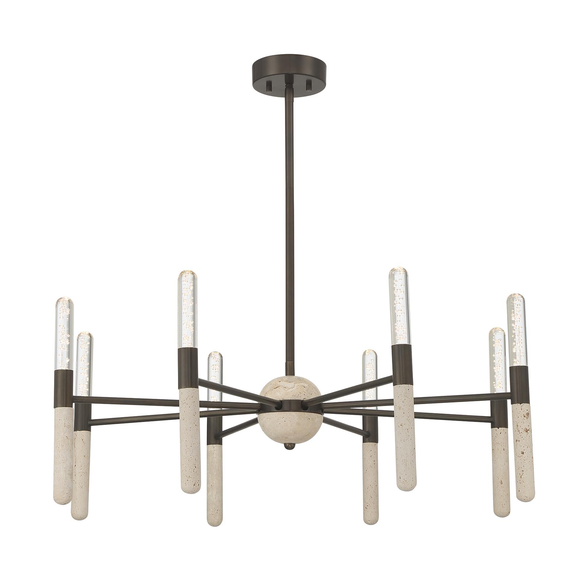Shown in Mediterranean Bronze finish and Clear Seeded glass and Beige Travertine accent