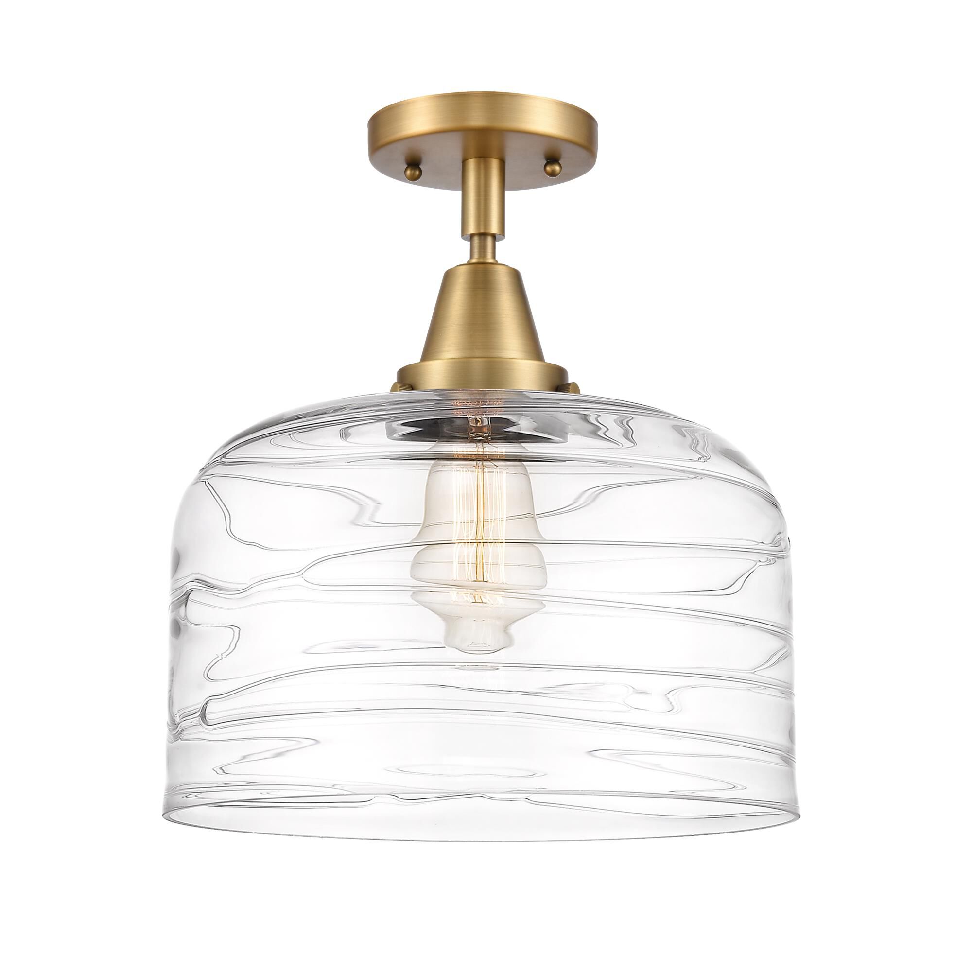 Shown in Brushed Brass finish and Clear Deco Swirl X-Large Bell glass