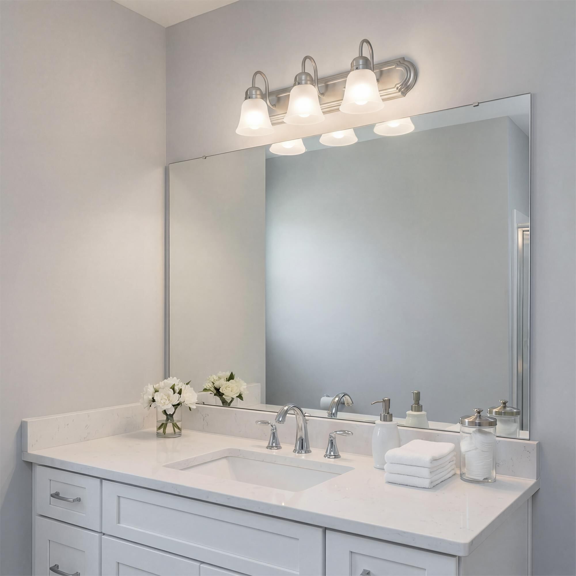 Shown in Brushed Nickel finish and Satin Etched glass