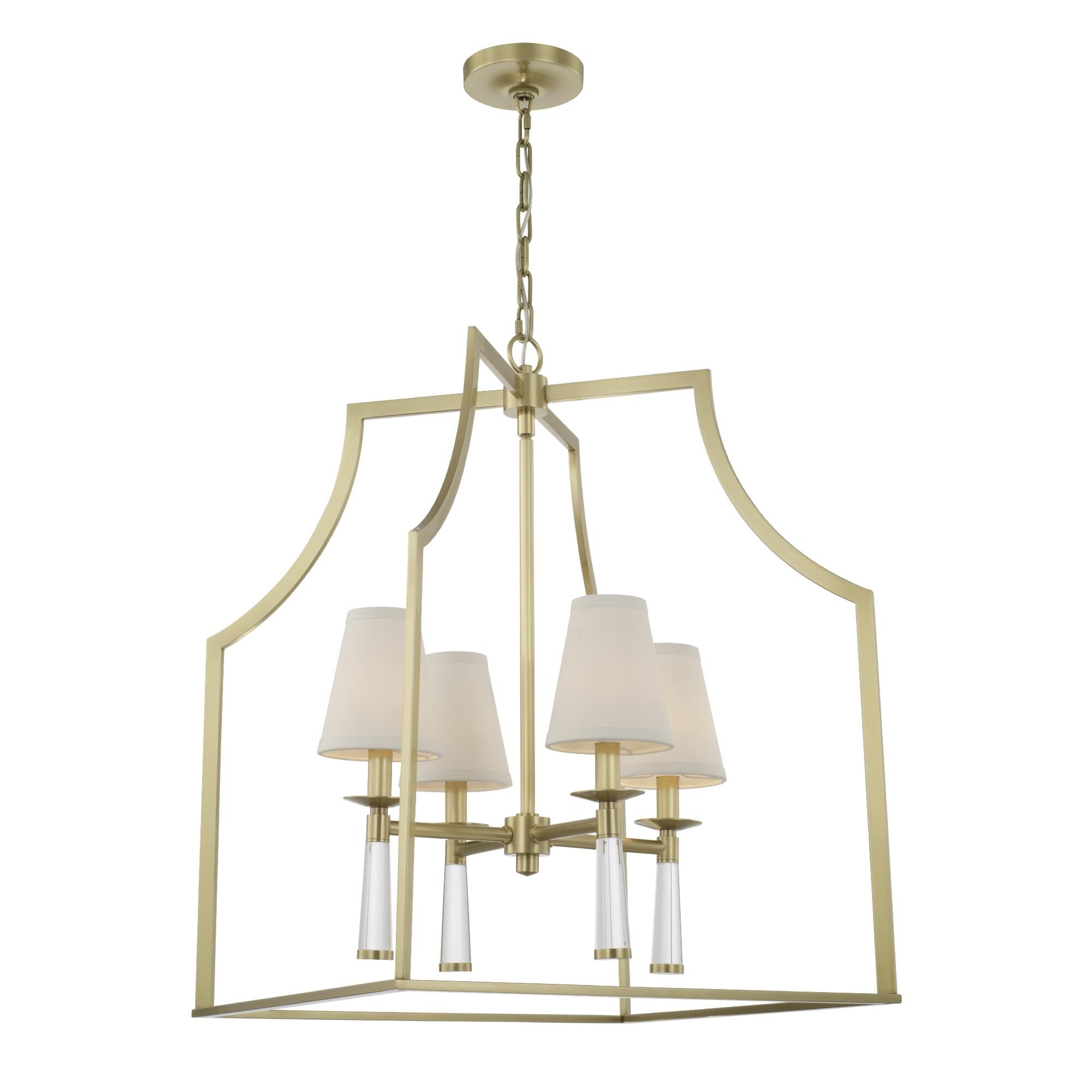 Shown in Aged Brass finish and Glass Finials crystal and Silk glass and White shade