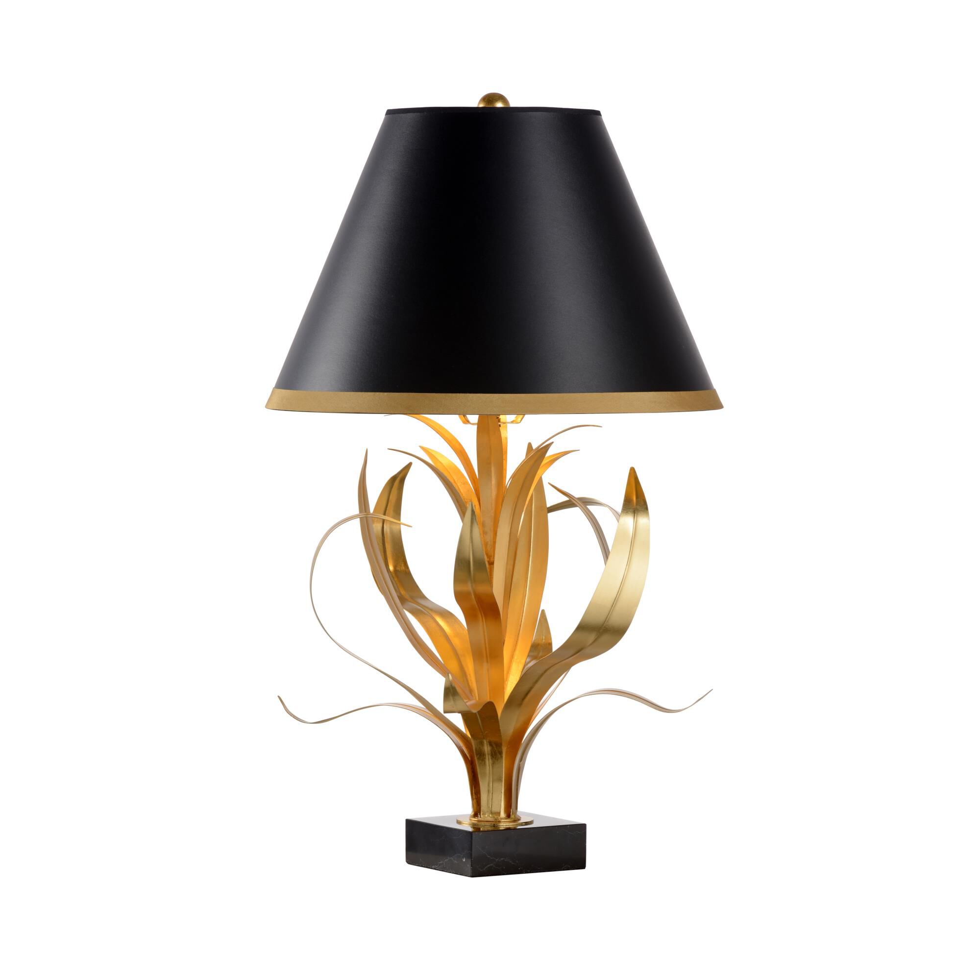Shown in Antique Gold Leaf finish and Black Paper shade
