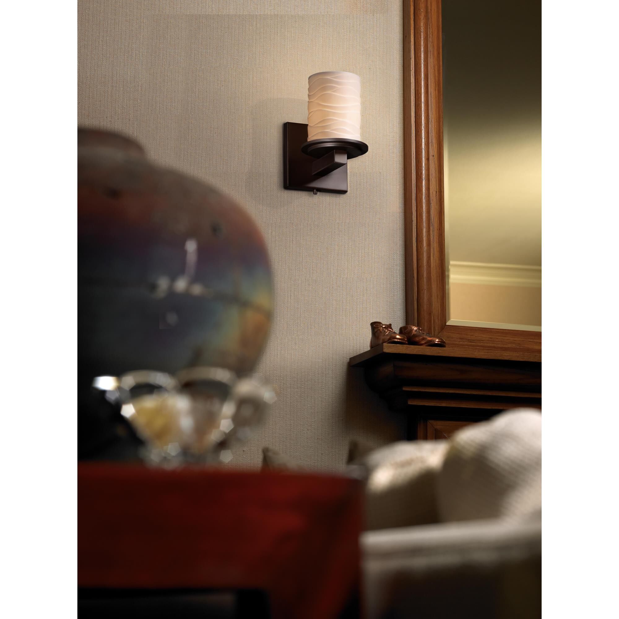 Shown in Dark Bronze finish and Translucent Porcelain glass and Waves shade and Cylinder with Flat Rim (POR) accent
